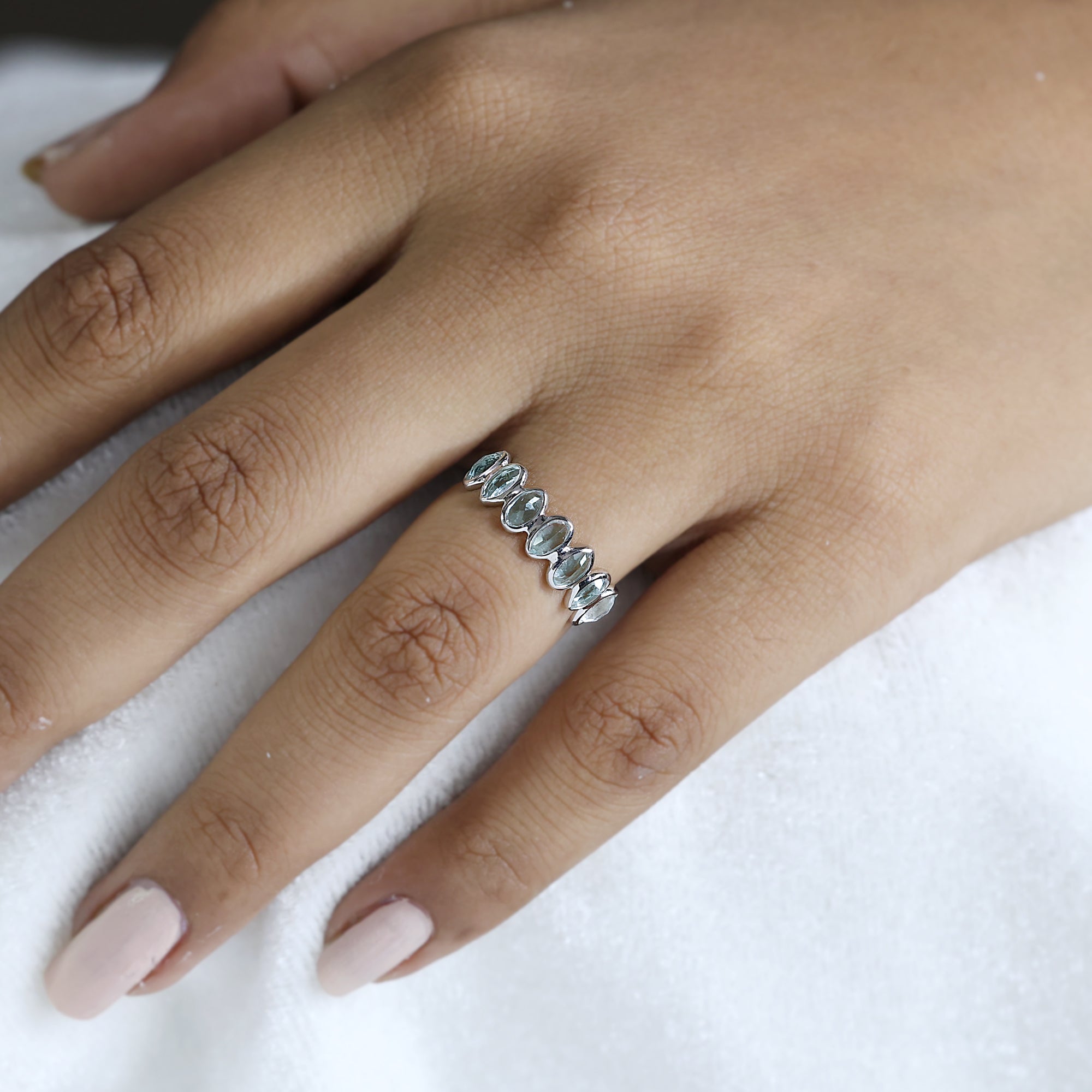 925 Sterling Silver Half Eternity Blue Topaz Band Ring