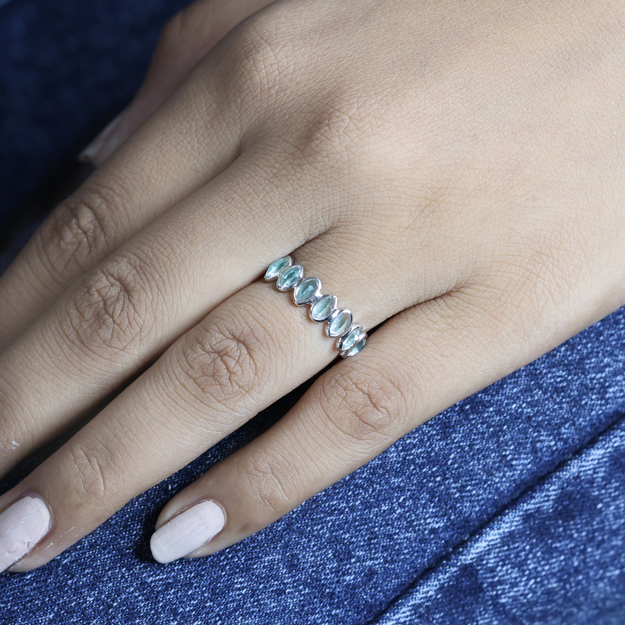 925 Sterling Silver Half Eternity Blue Topaz Band Ring