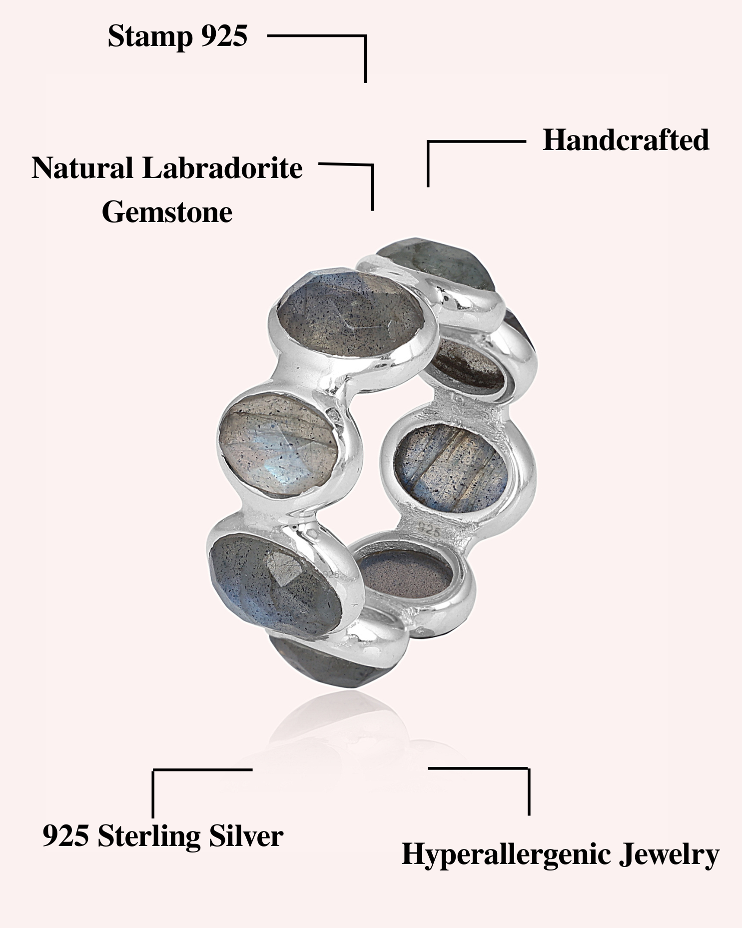 Natural Labradorite Eternity Band Ring 925 Sterling Silver Jewelry for Women