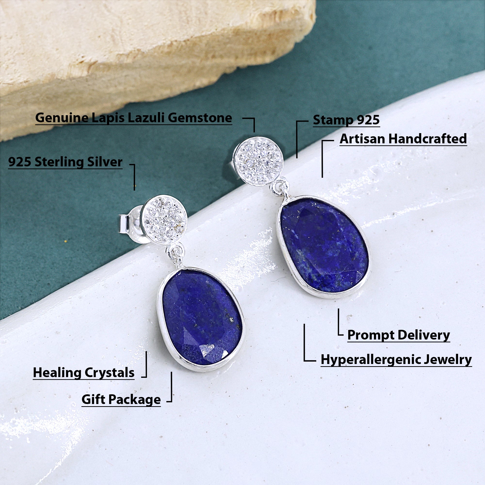 925 Sterling Silver Lapis Lazuli Drop Stud Earrings