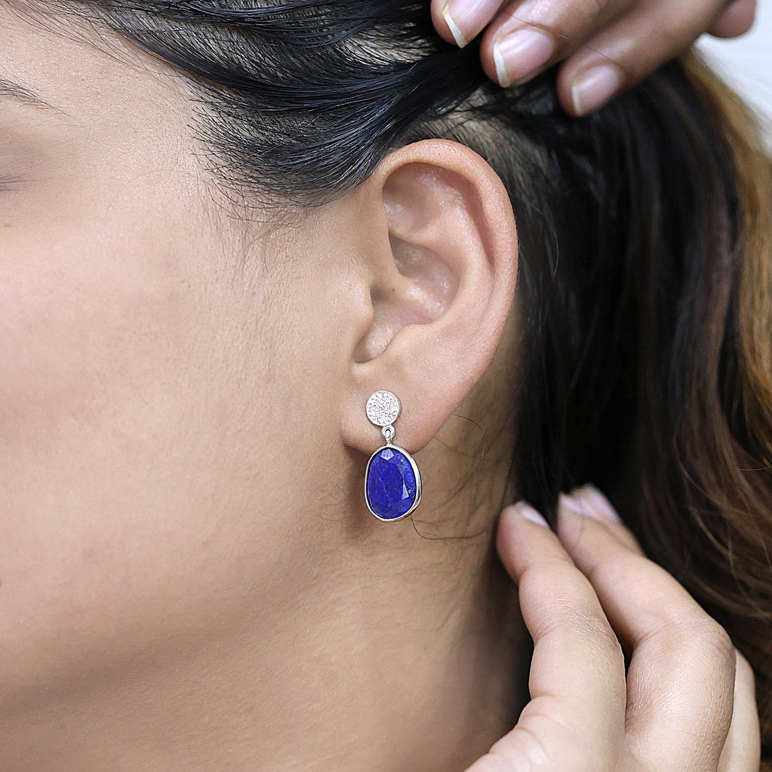 925 Sterling Silver Lapis Lazuli Drop Stud Earrings