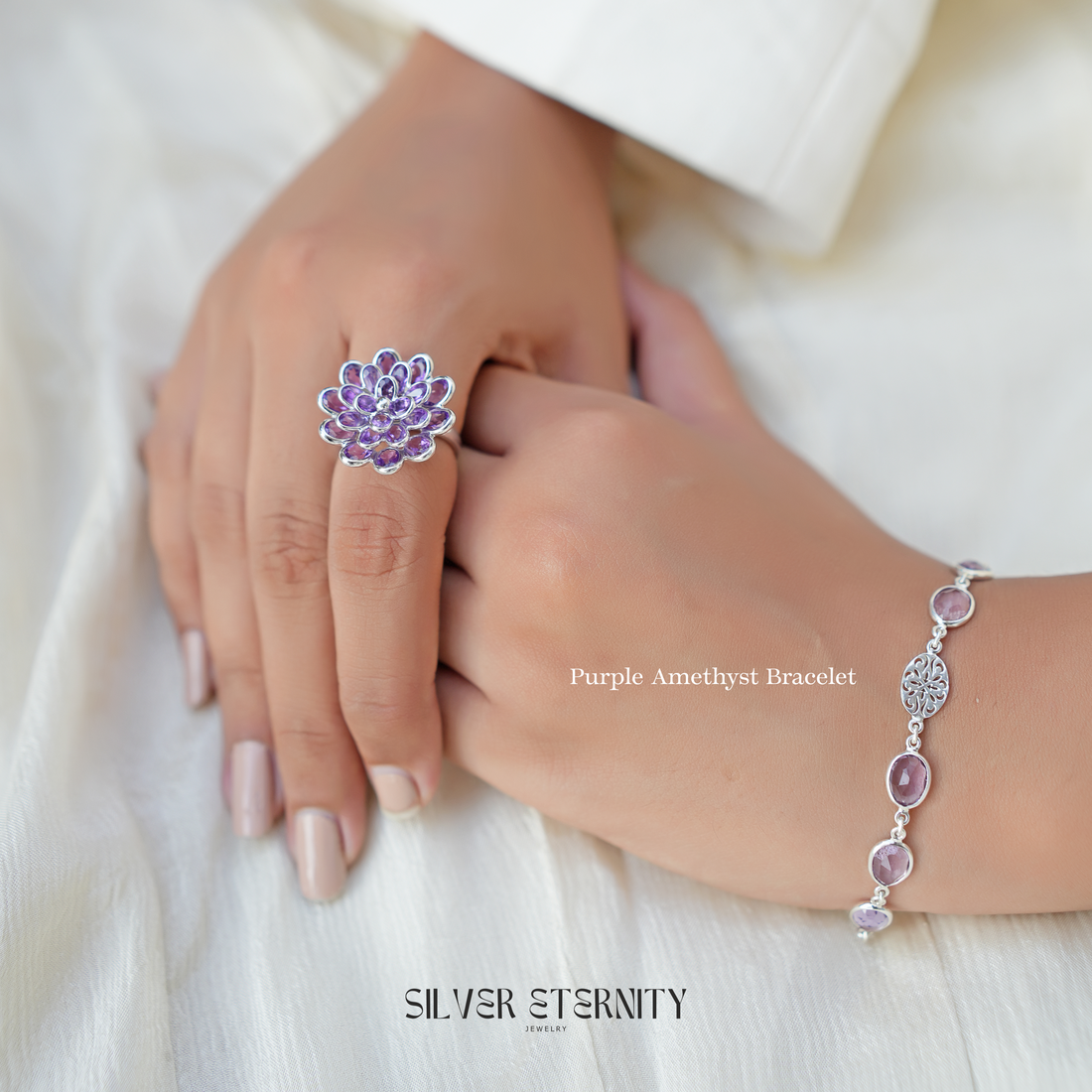 925 Sterling Silver Natural Amethyst Flower Ring Jewelry for Women