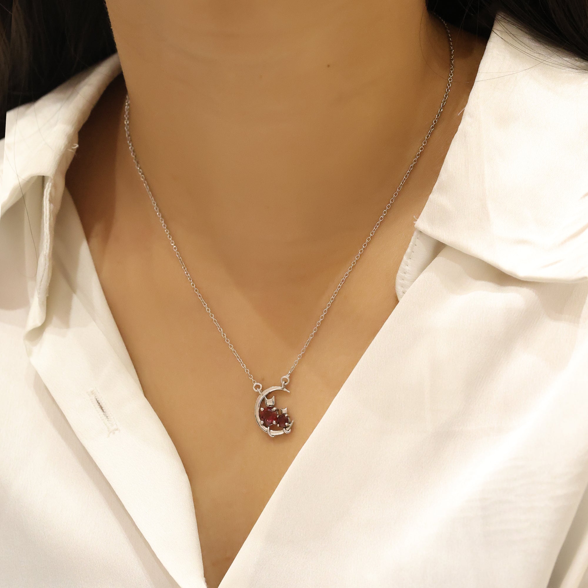925 Sterling Silver Half Moon Garnet Necklace for Her