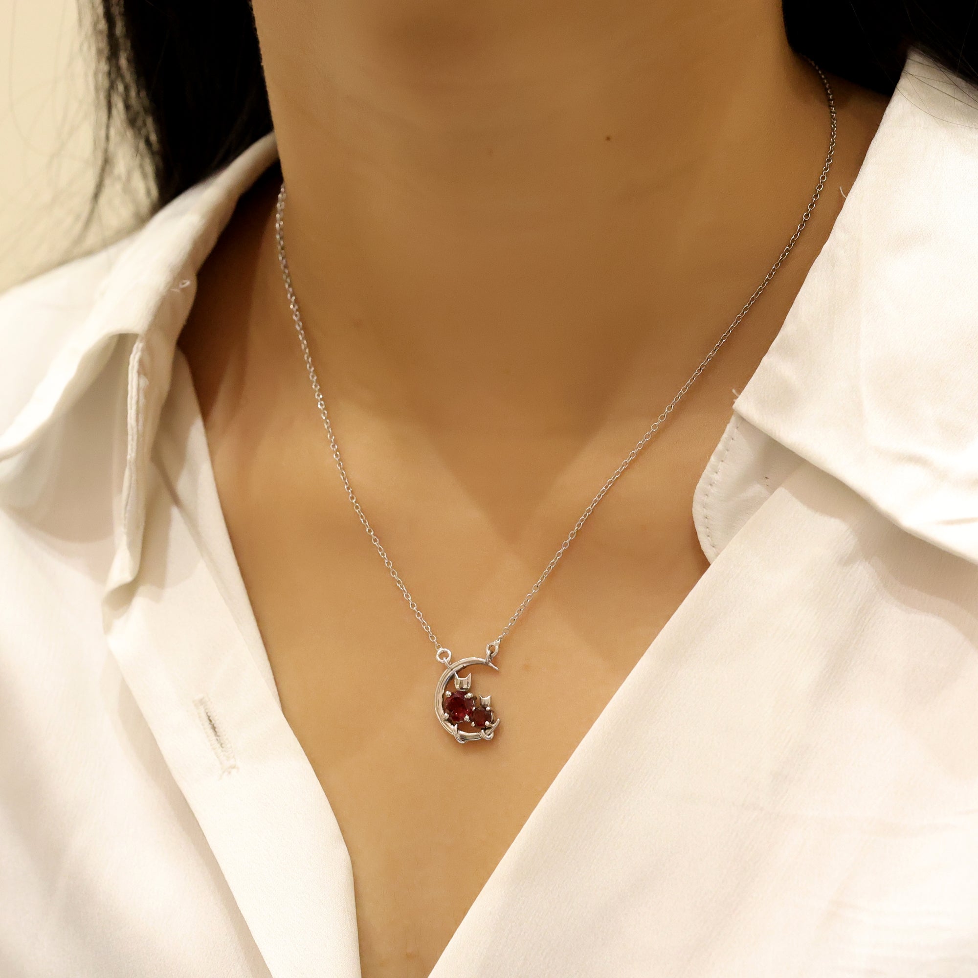 925 Sterling Silver Half Moon Garnet Necklace for Her