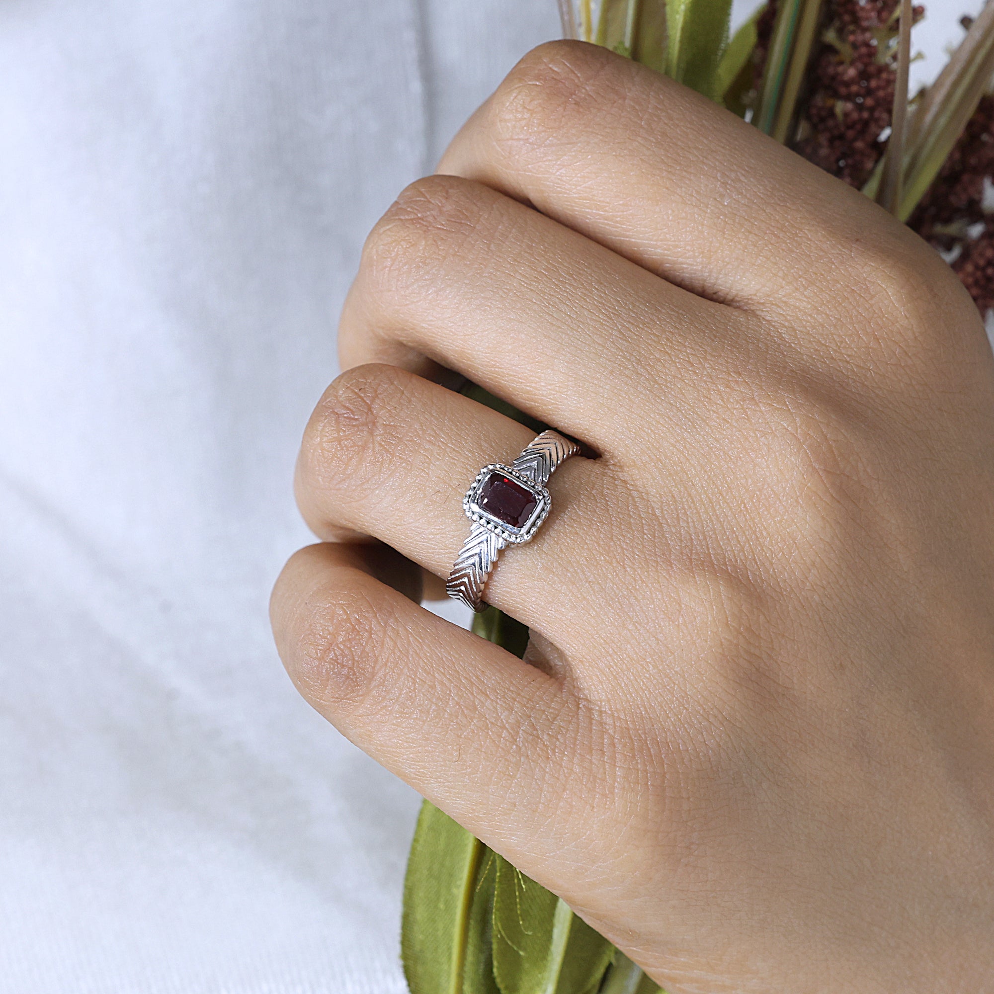 925 Sterling Silver Garnet  Designer Band Ring