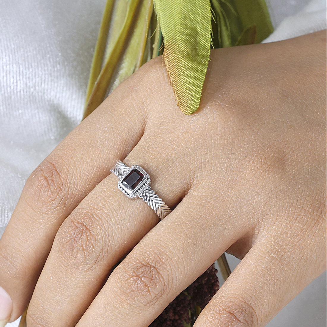 925 Sterling Silver Garnet  Designer Band Ring