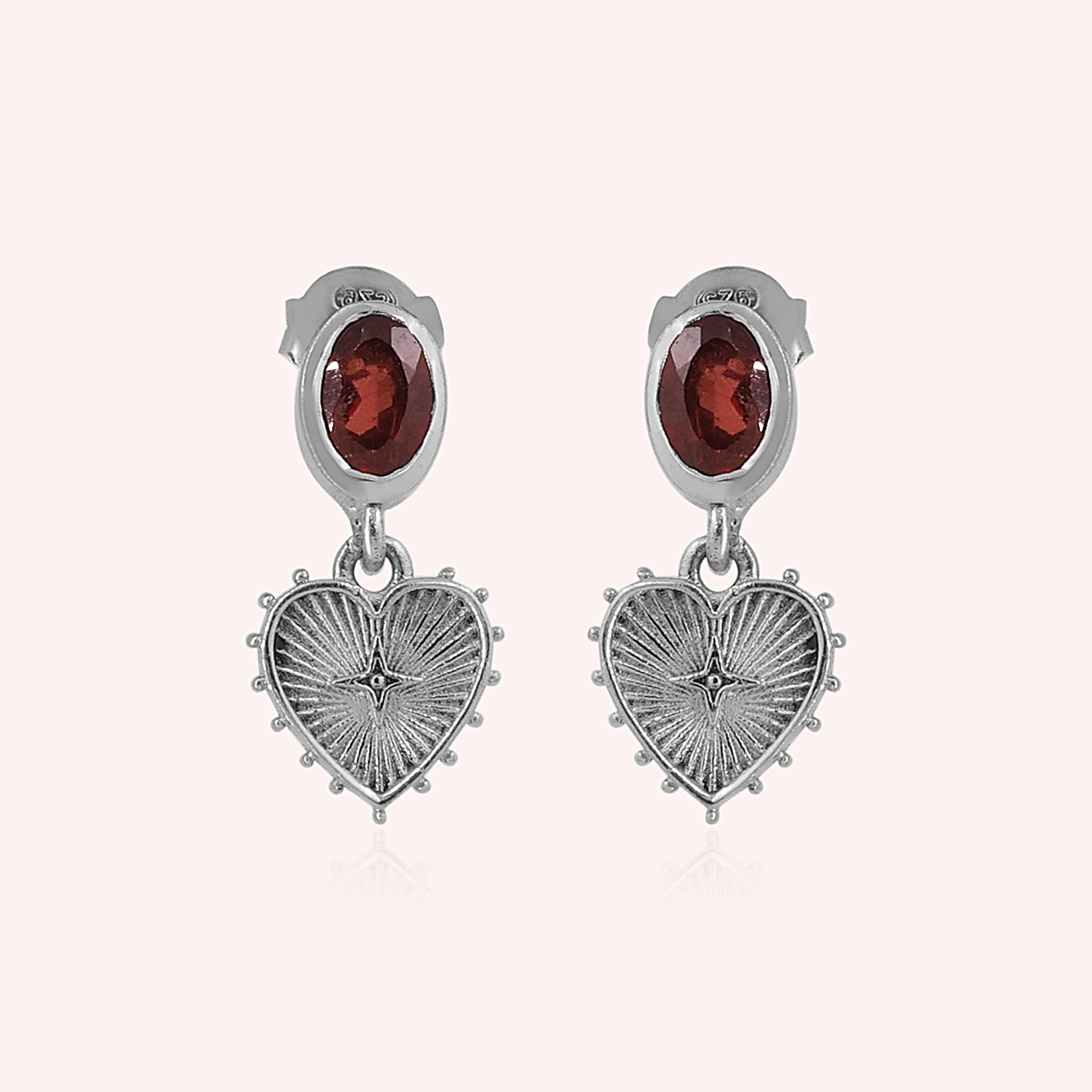 925 Sterling Silver Garnet Heart Charm Earrings