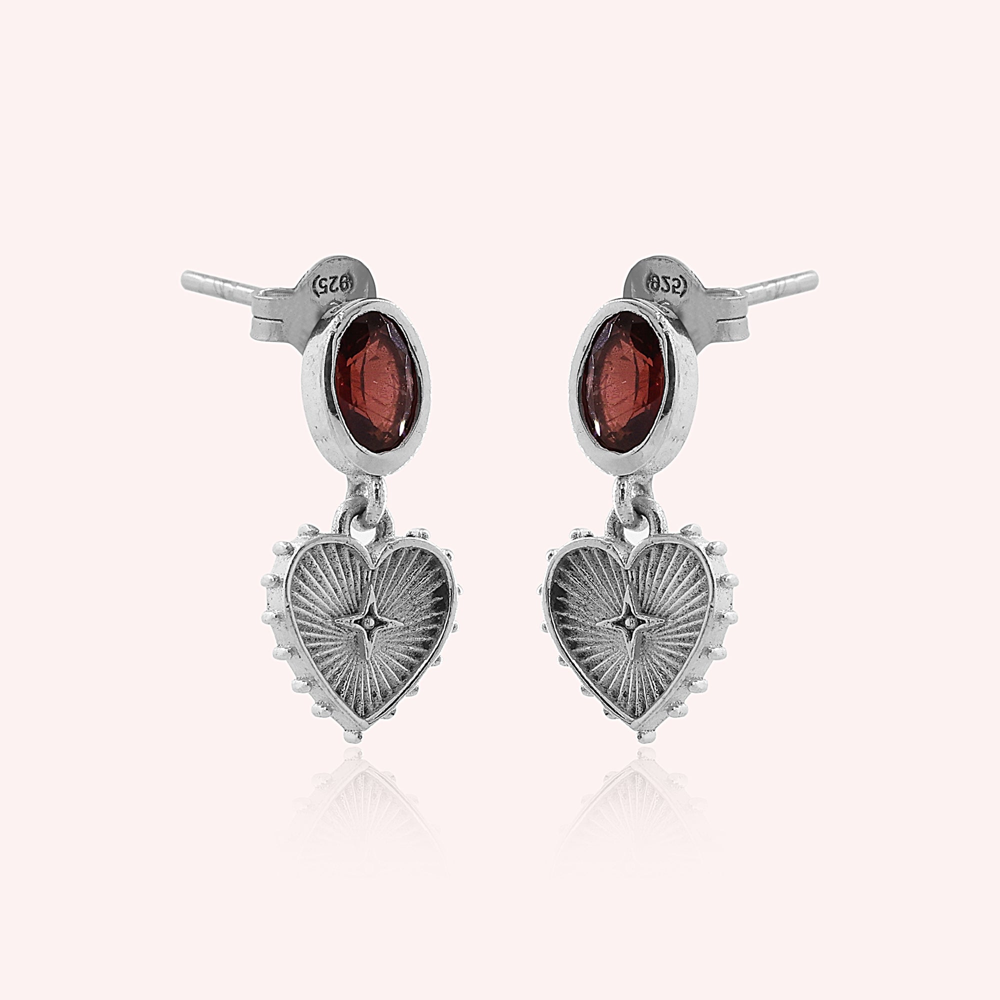 925 Sterling Silver Garnet Heart Charm Earrings