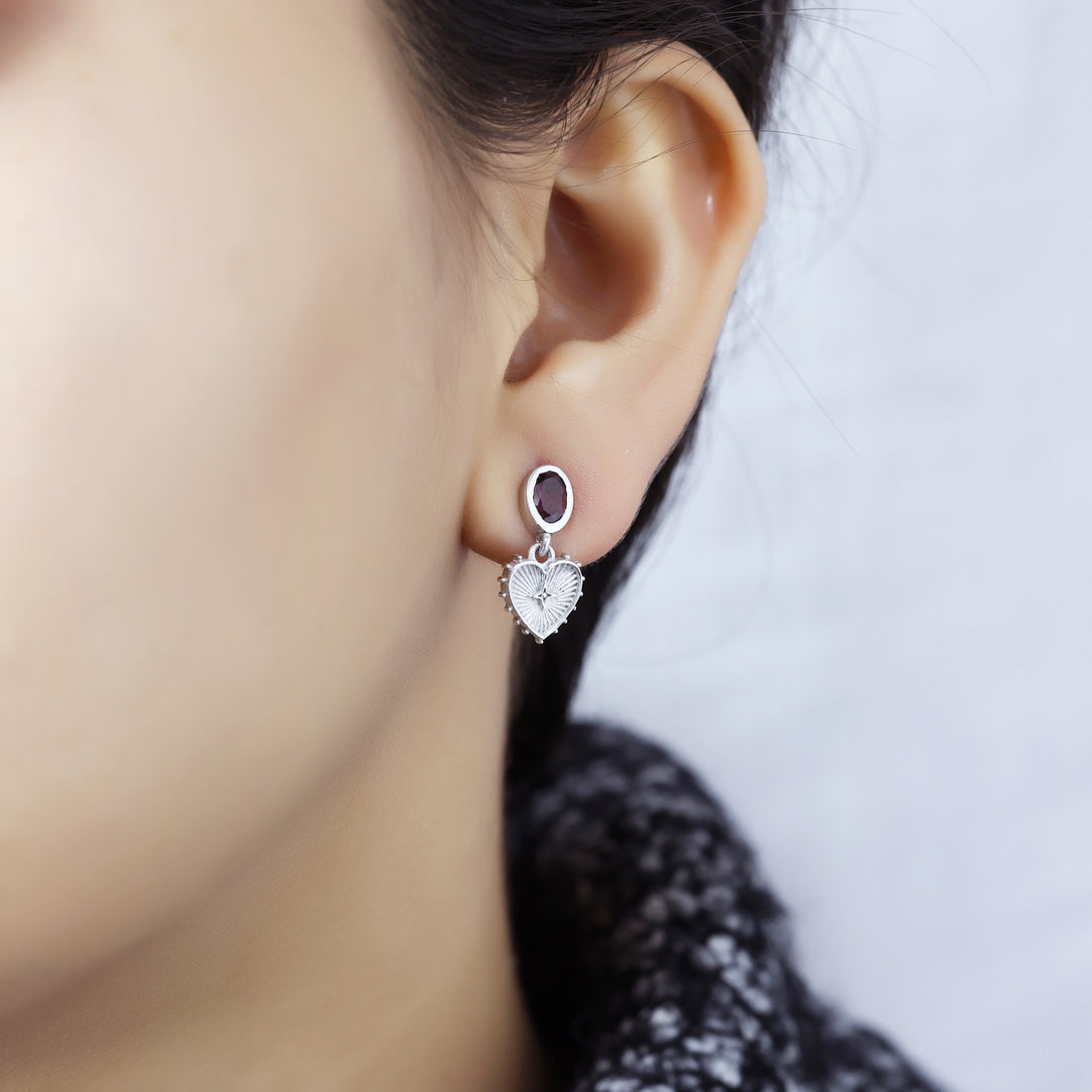 925 Sterling Silver Garnet Heart Charm Earrings