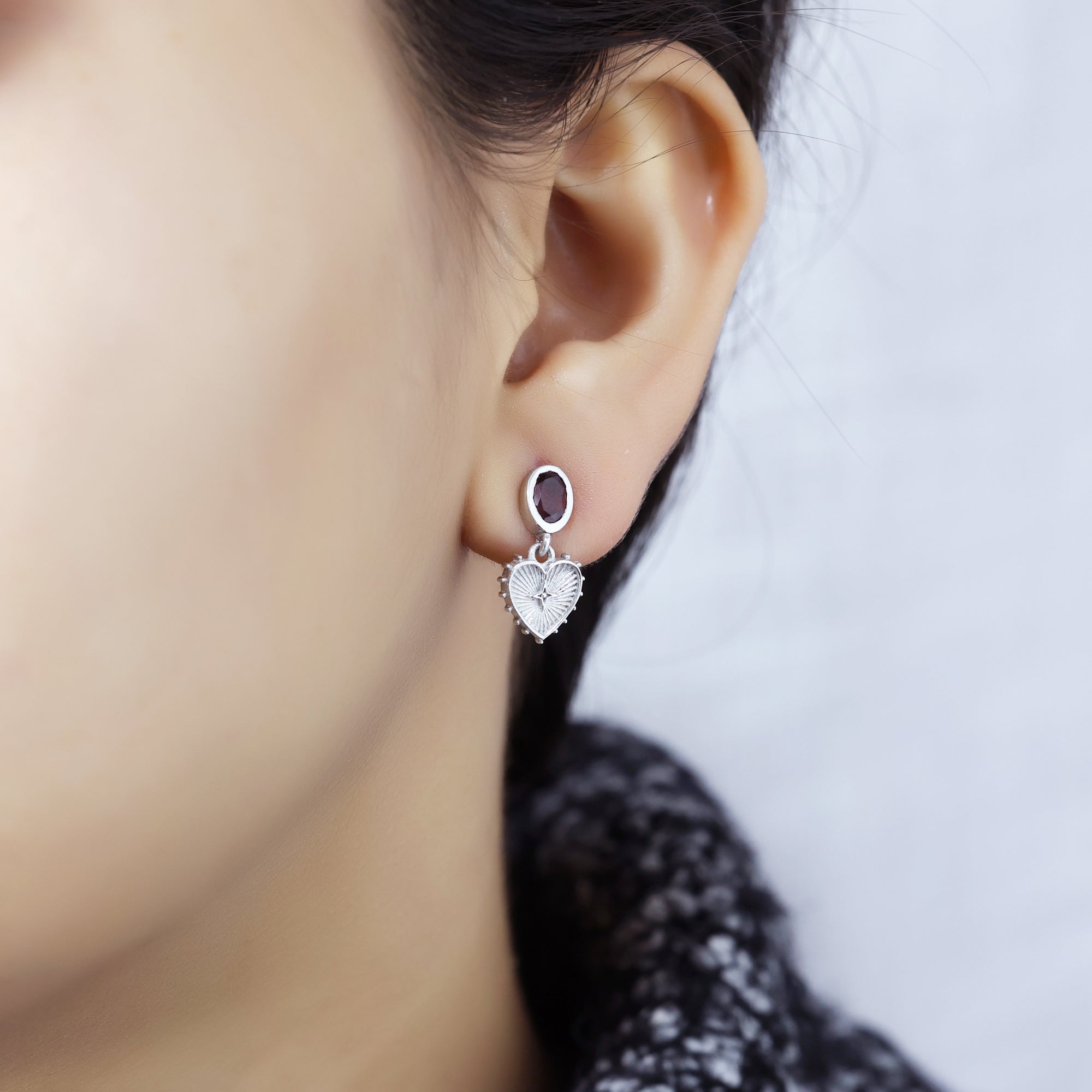 925 Sterling Silver Garnet Heart Charm Earrings