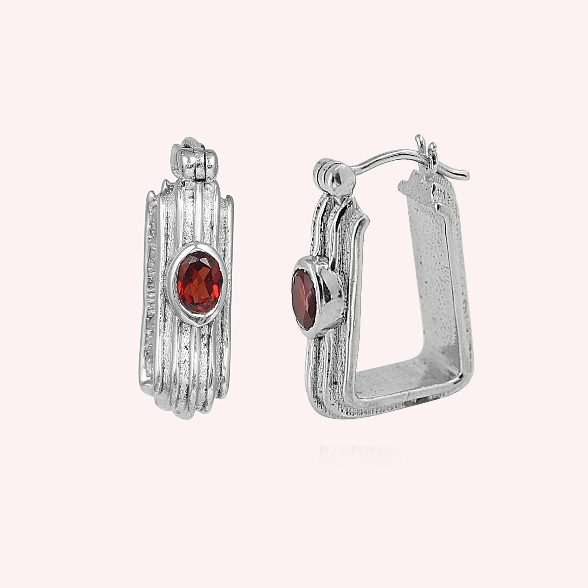 Sterling Silver Square Hoops with Garnet Earrings