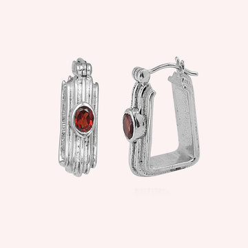 Sterling Silver Square Hoops with Garnet Earrings