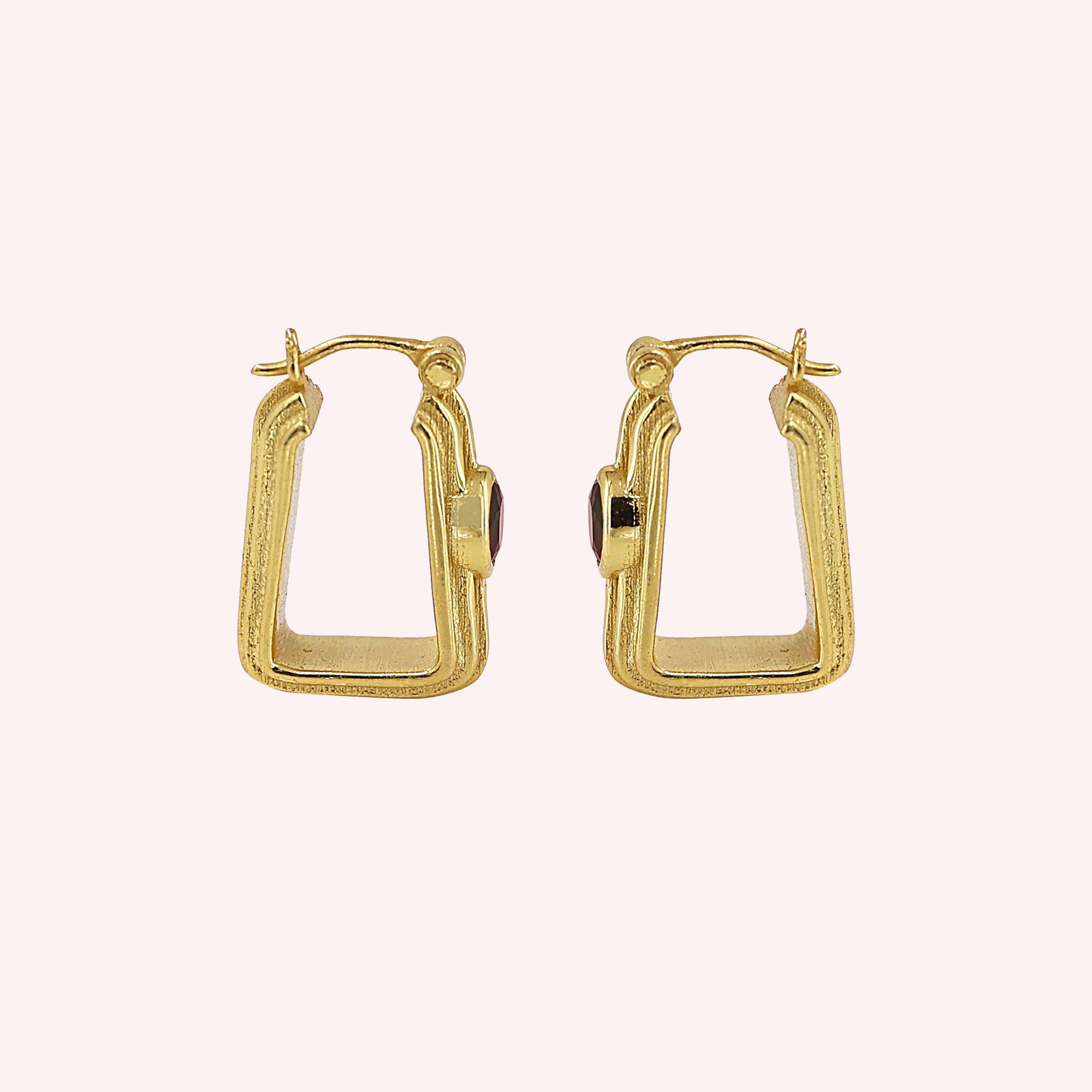 Sterling Silver Square Hoops with Garnet Earrings