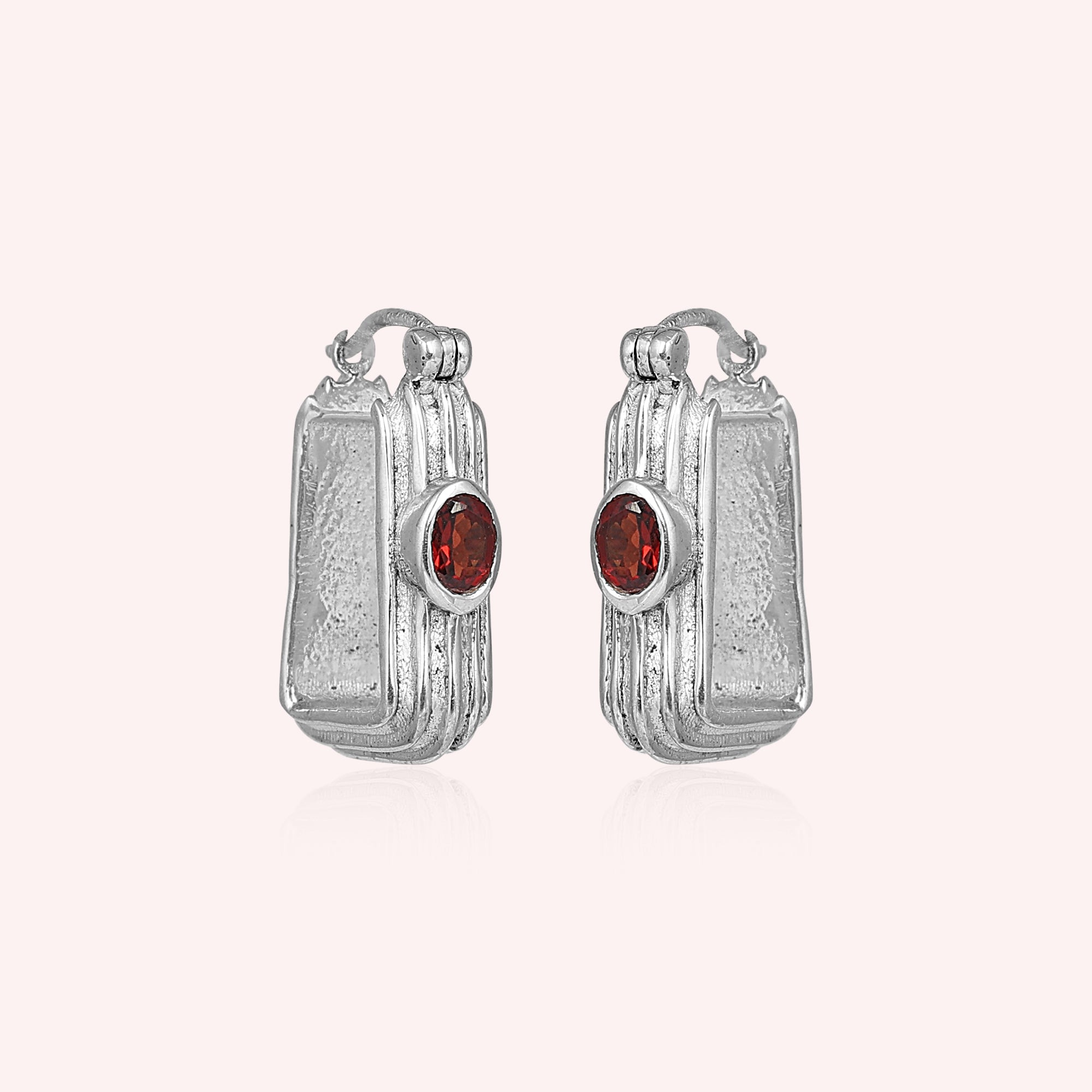 Sterling Silver Square Hoops with Garnet Earrings