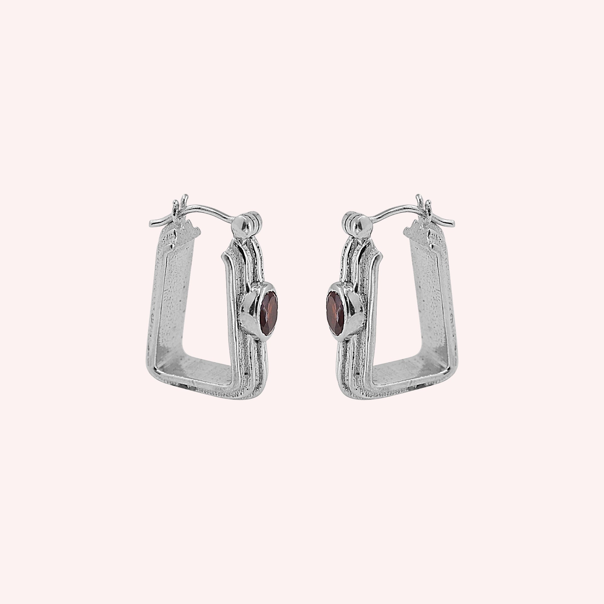 Sterling Silver Square Hoops with Garnet Earrings