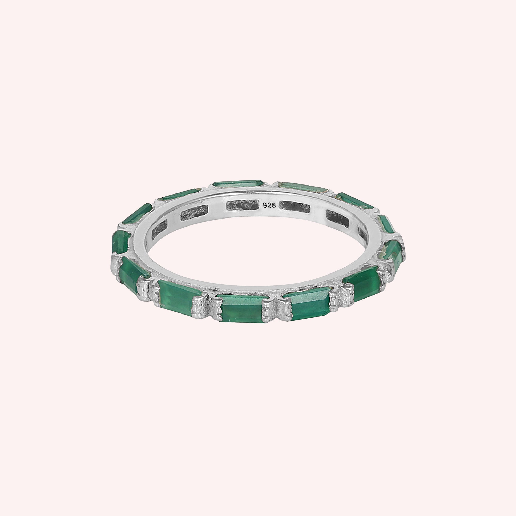 925 Sterling Silver Baguette Full Eternity Green Onyx Band Ring