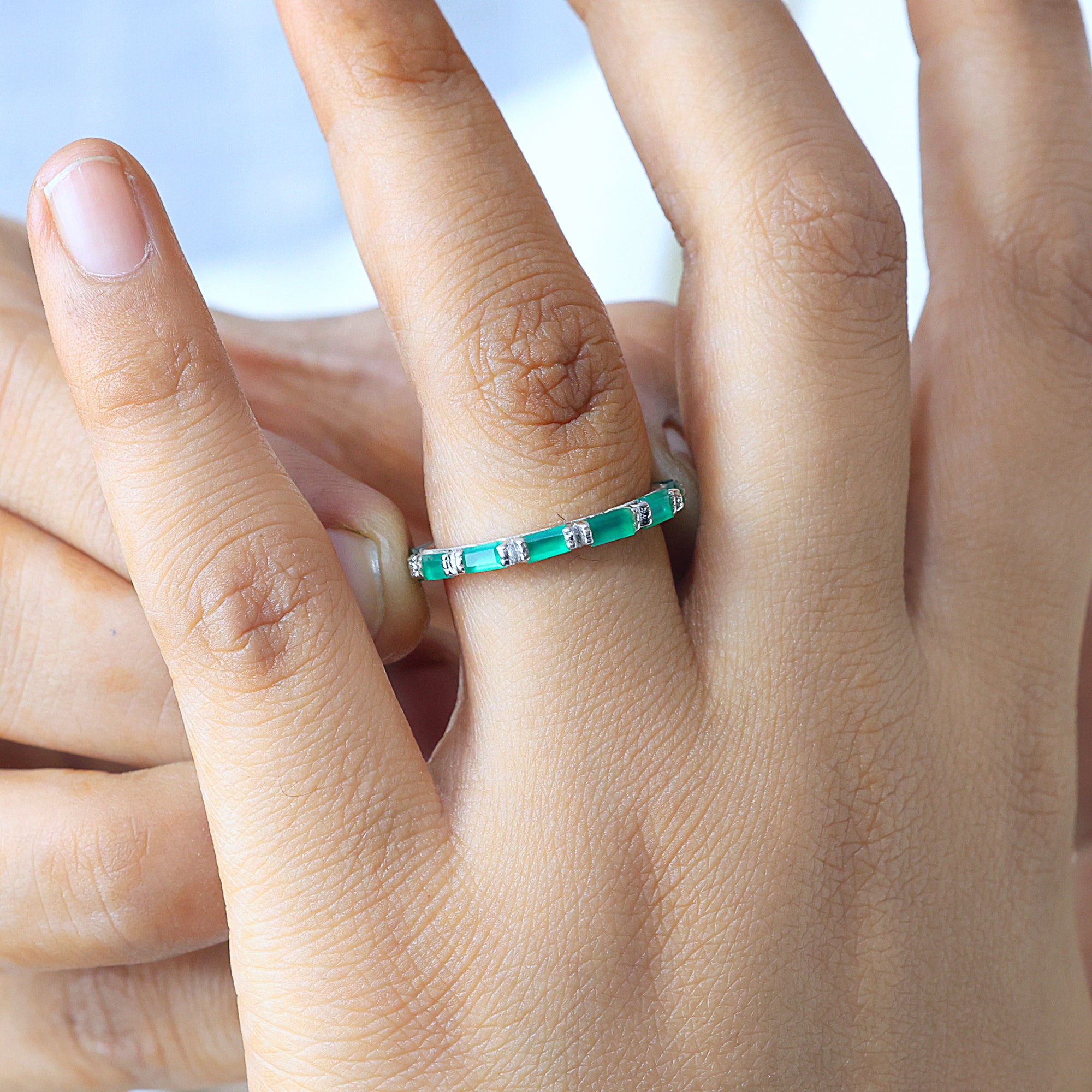 925 Sterling Silver Baguette Full Eternity Green Onyx Band Ring