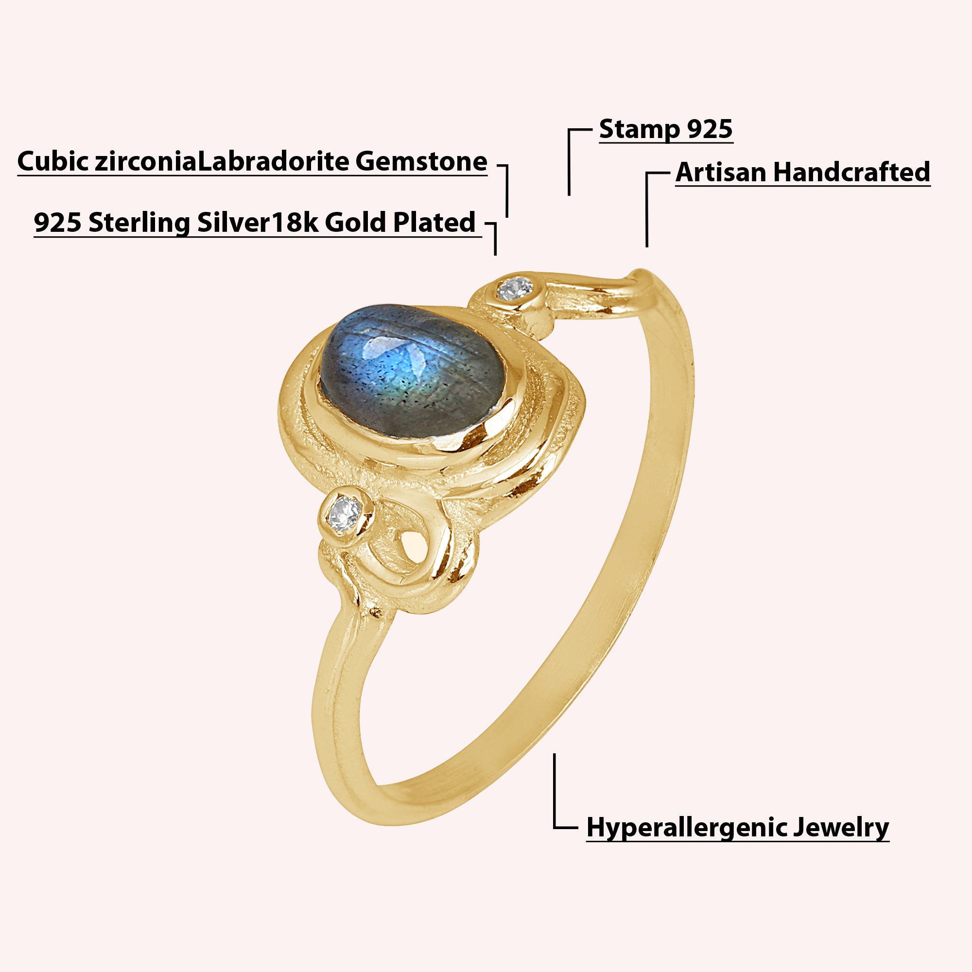 925 Sterling Silver Labradorite Wavy Ring Jewelry for Women