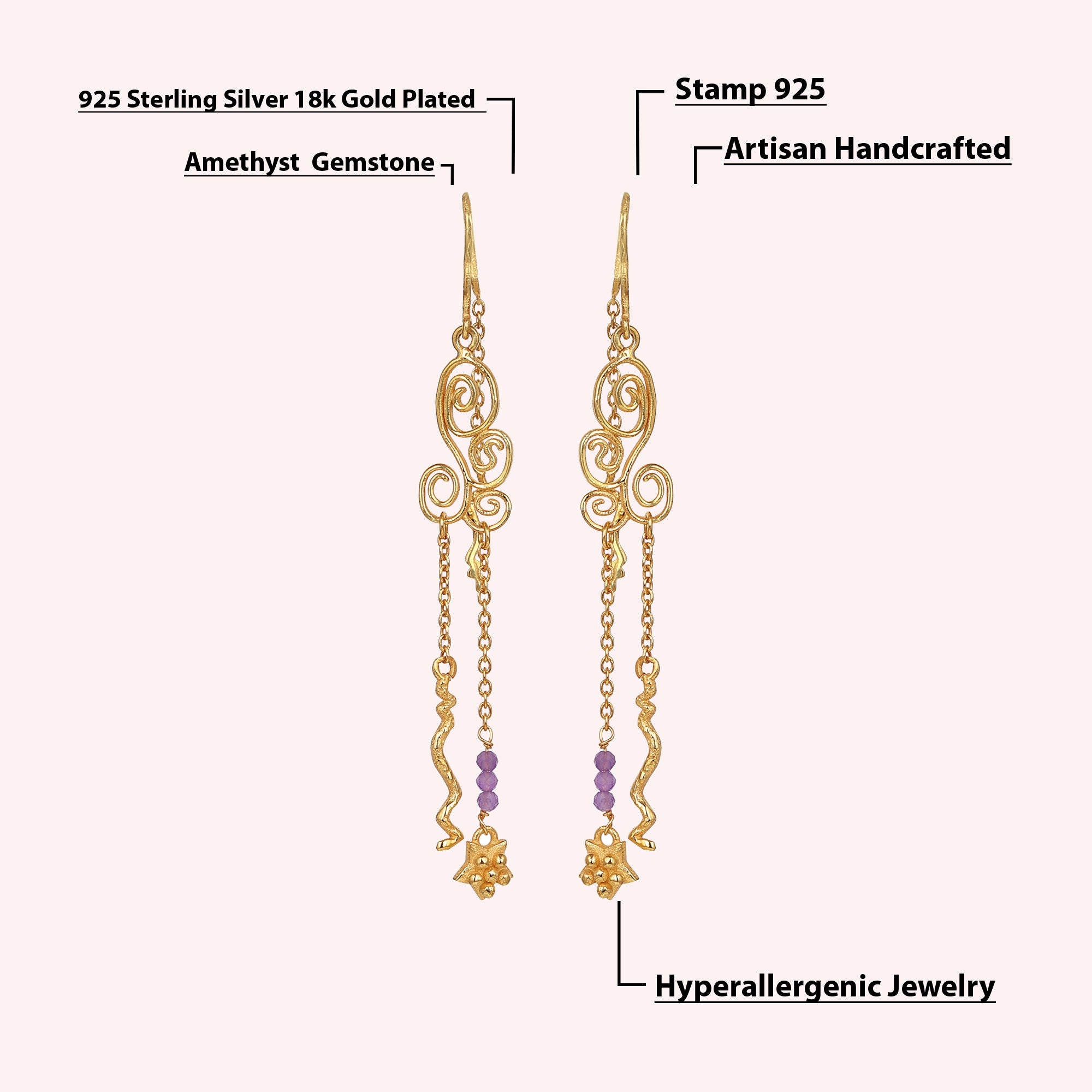 925 Silver Swirl Amethyst Beads Dangle Earrings for Her