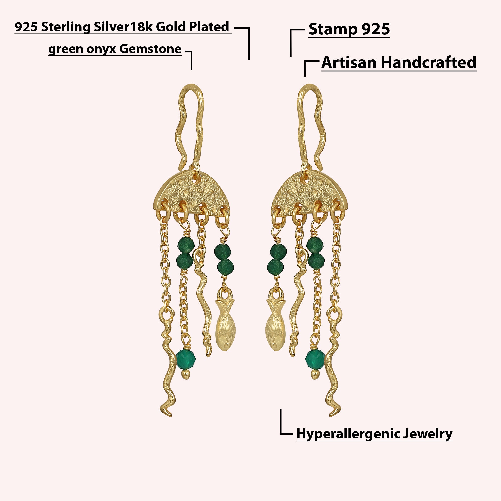 Jellyfish Beads Dangle Green Onyx Earrings Jewelry for Women