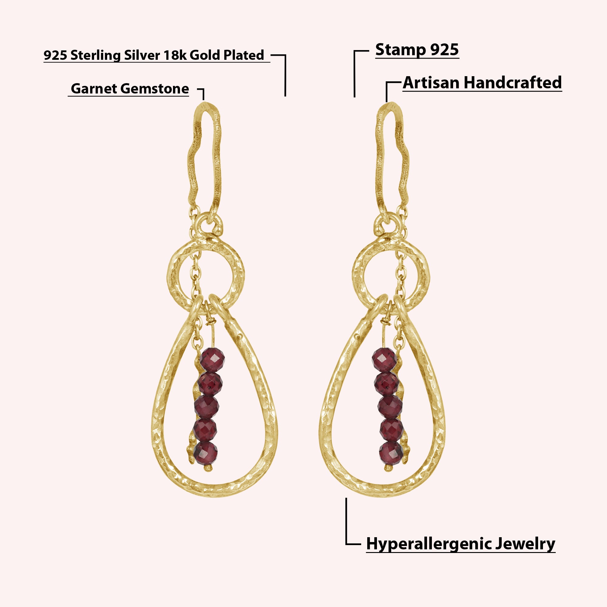 Teardrop Garnet Bead Dangle Earrings Jewelry for Women