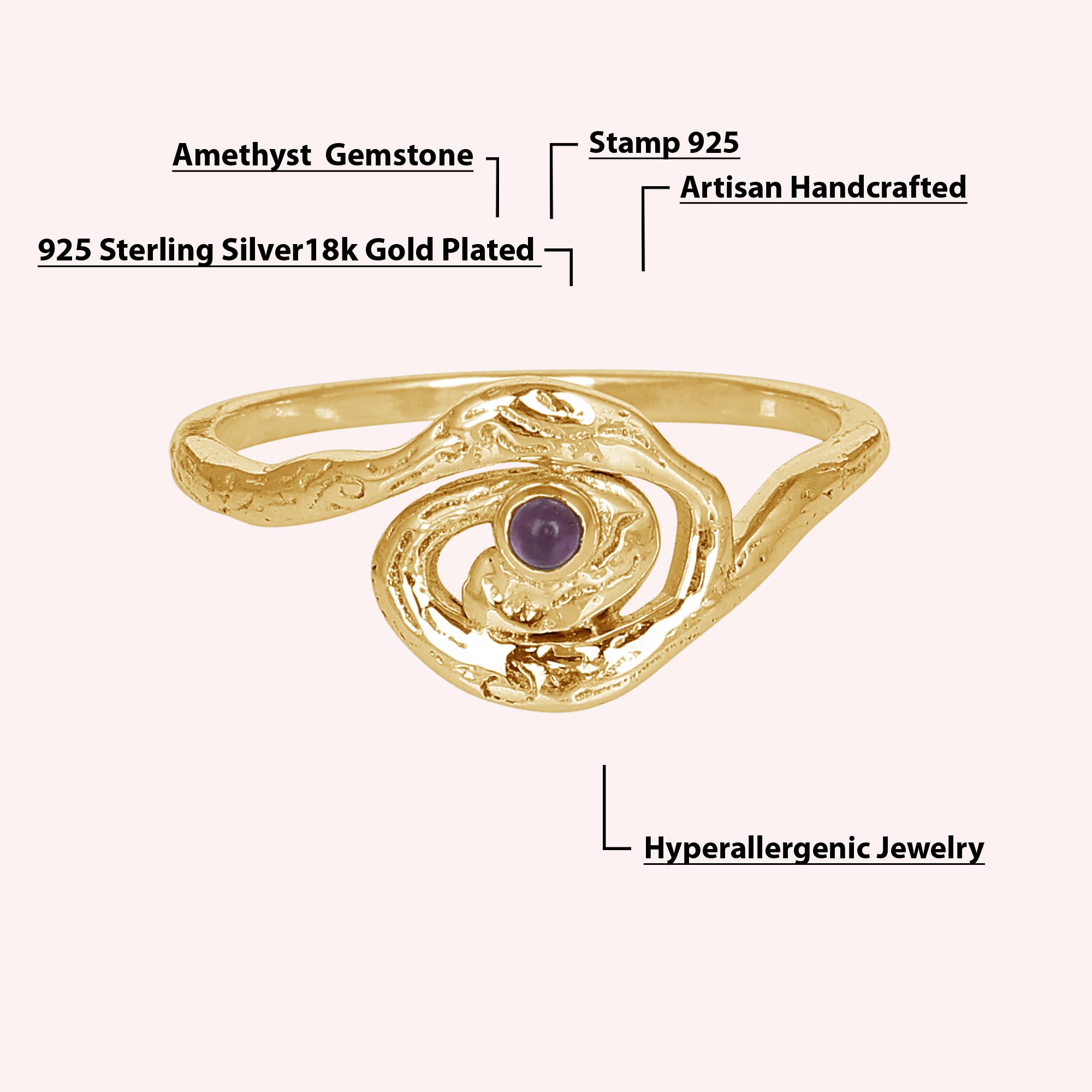Dainty Sterling Silver Amethyst Wavy Ring Jewelry for Women