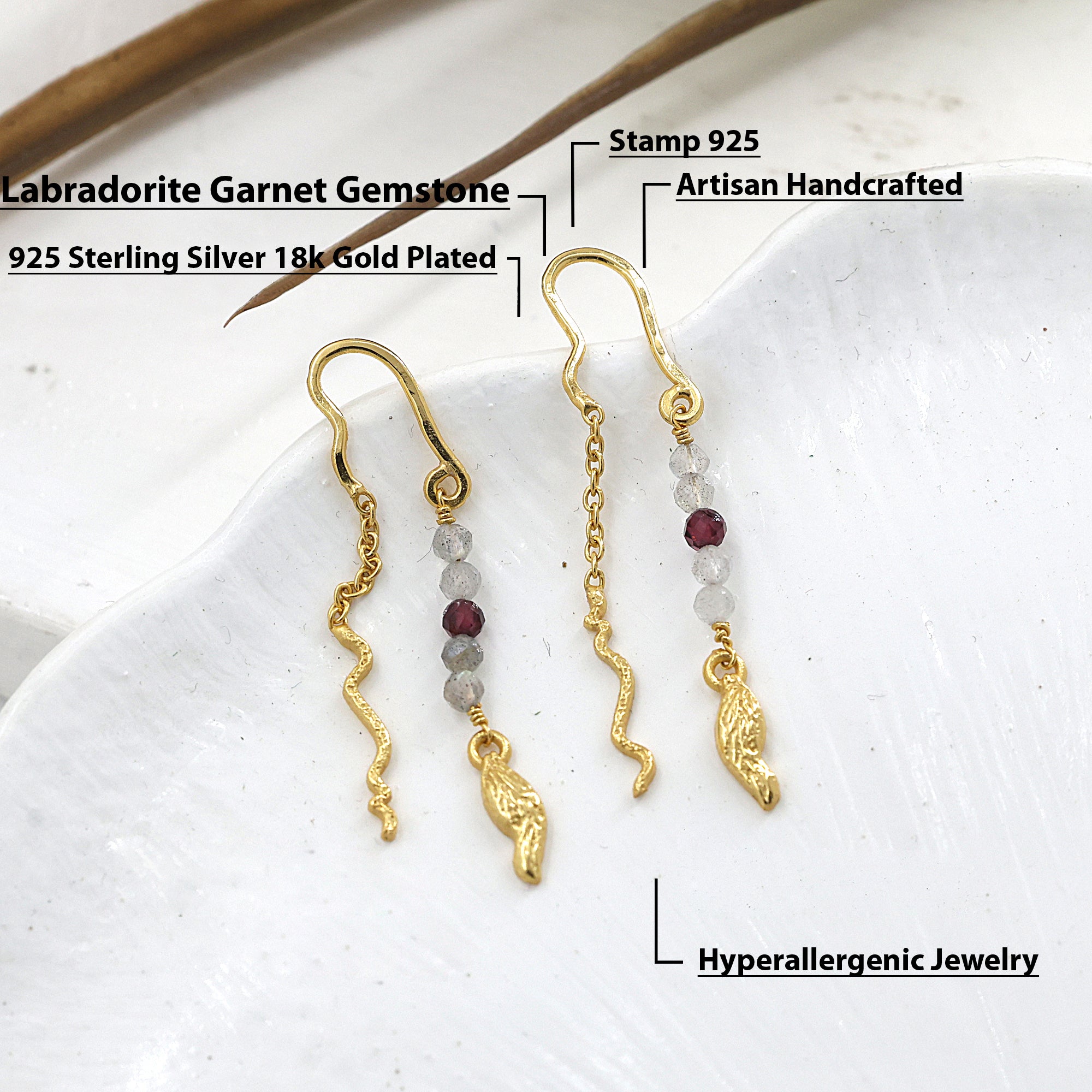 925 Sterling Silver Moonstone & Garnet Drop Earrings