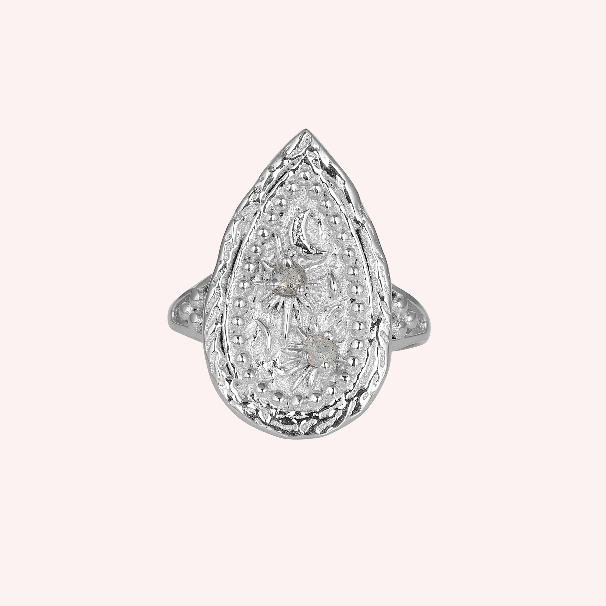 925 Silver Teardrop Ring with Moonstone & Labradorite