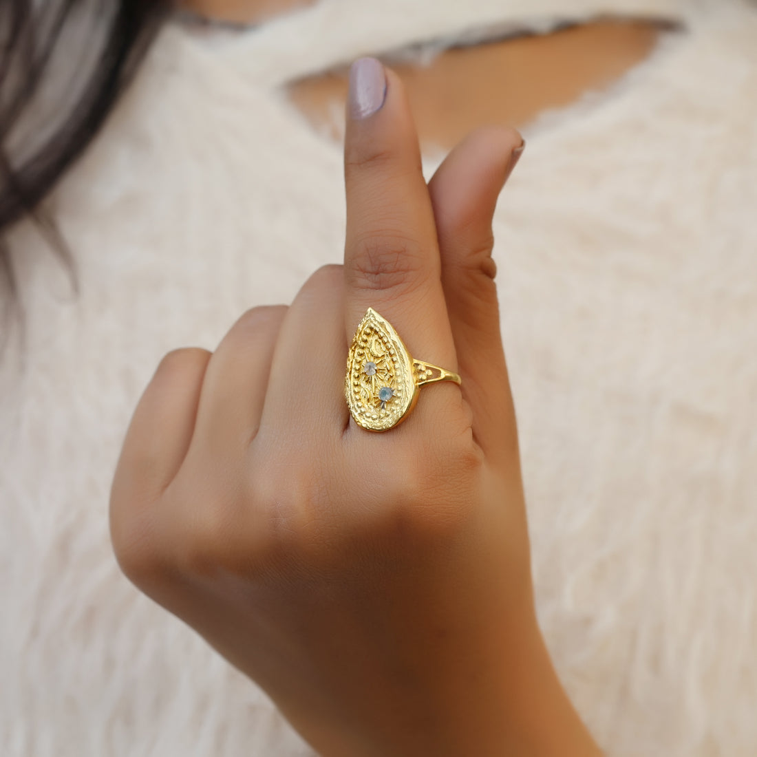 925 Silver Teardrop Ring with Moonstone & Labradorite
