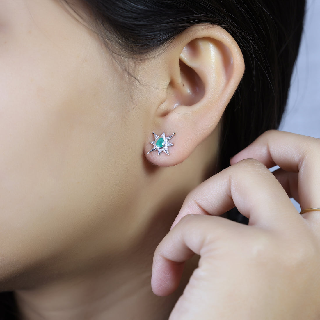 Green Onyx 925 Sterling Silver Star Stud Earrings