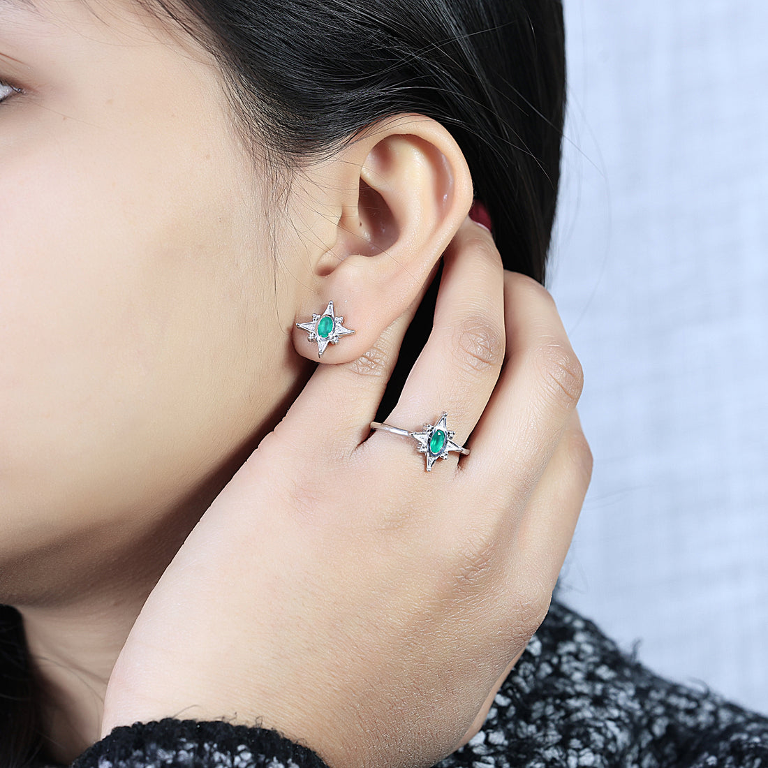 925 Sterling Silver Green Onyx Stardust Stud Earrings
