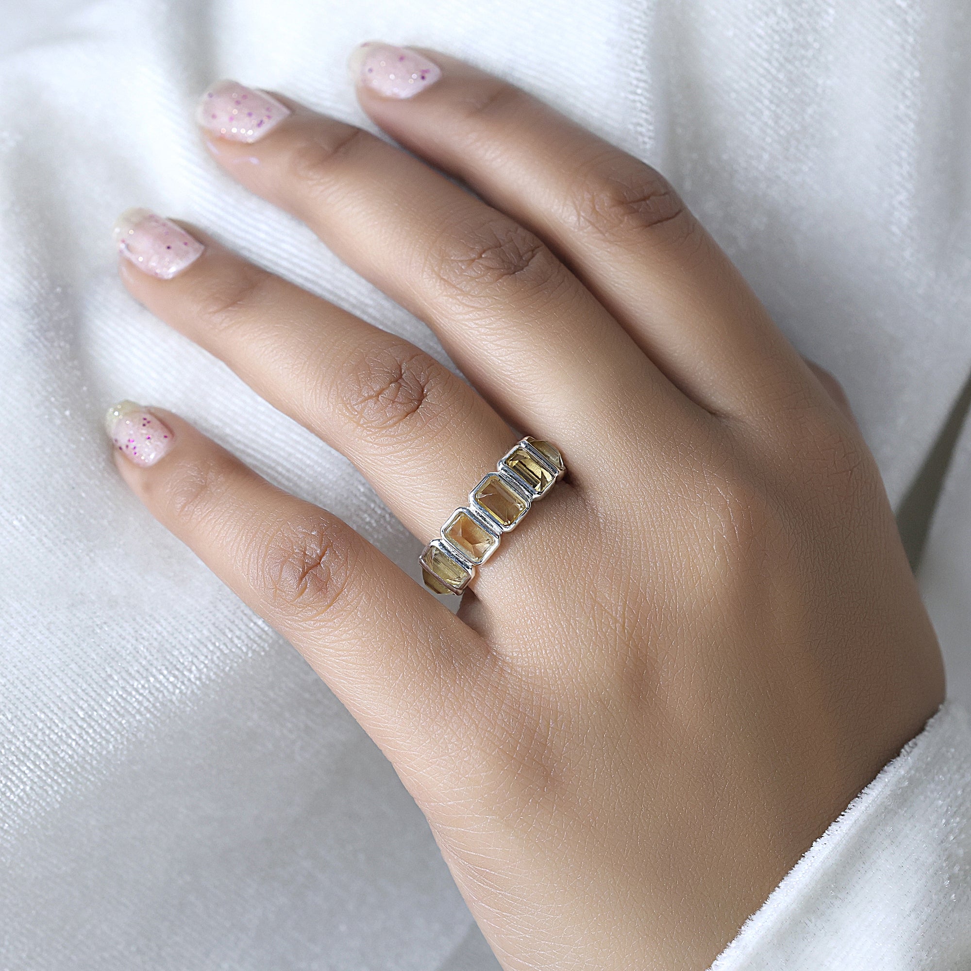 925 Sterling Silver Yellow Citrine Full Eternity Band Ring