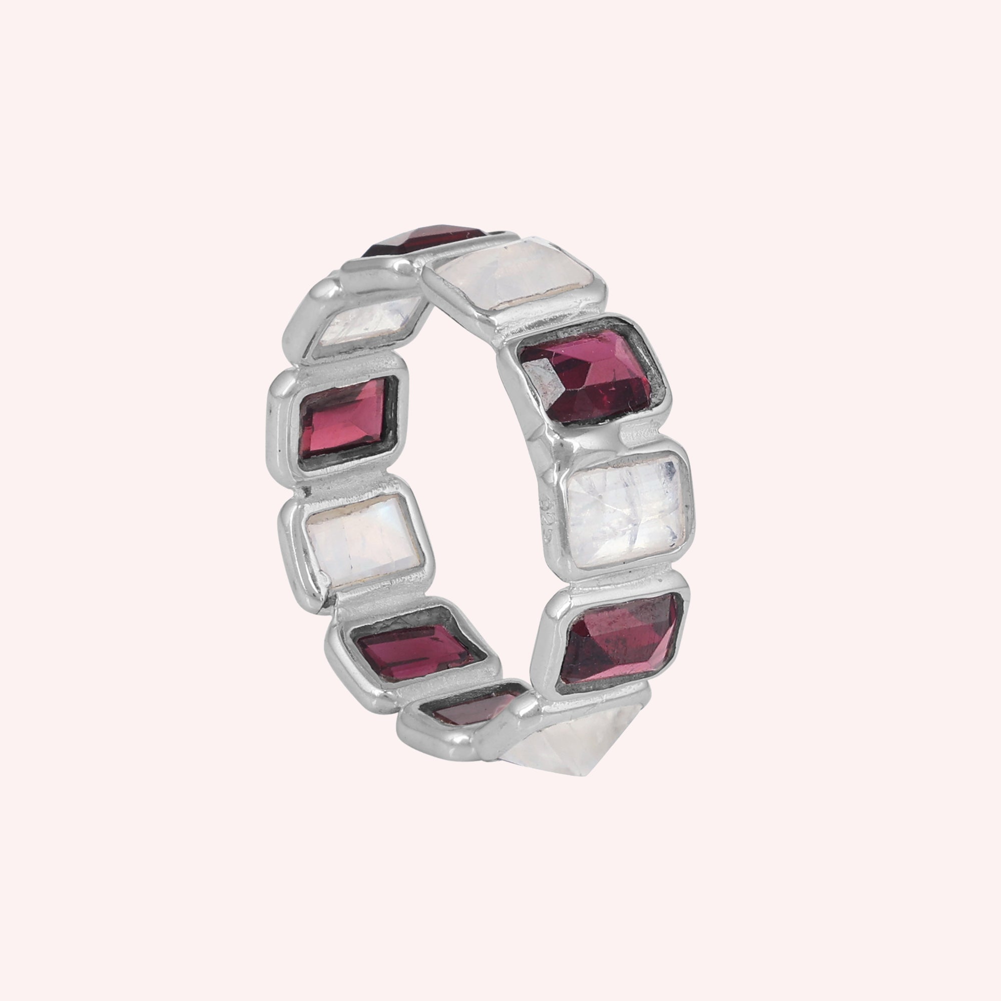 925 Sterling Silver Full Eternity Moonstone and Garnet Ring