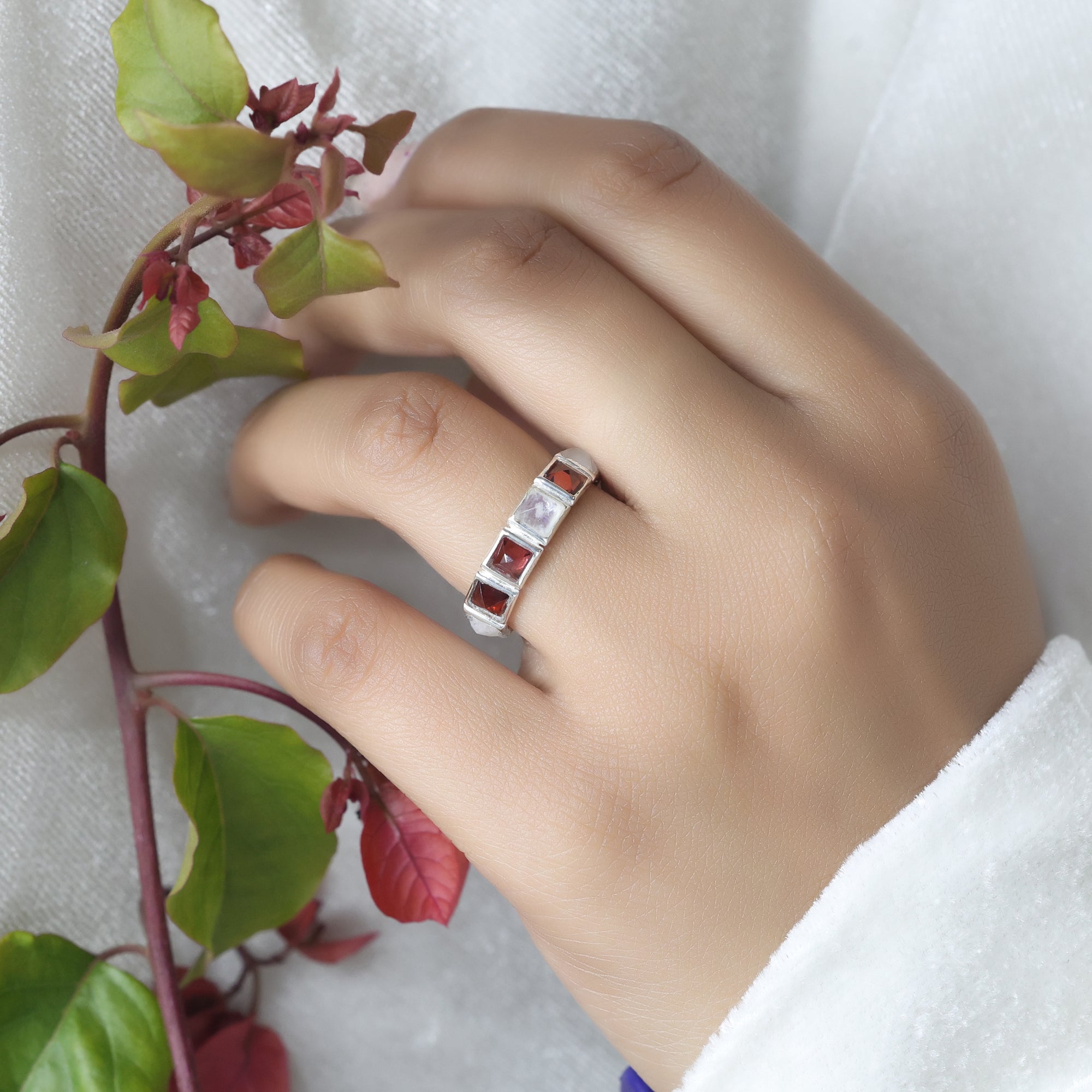 Natural Garnet and Moonstone Full Eternity Stacking Silver Ring