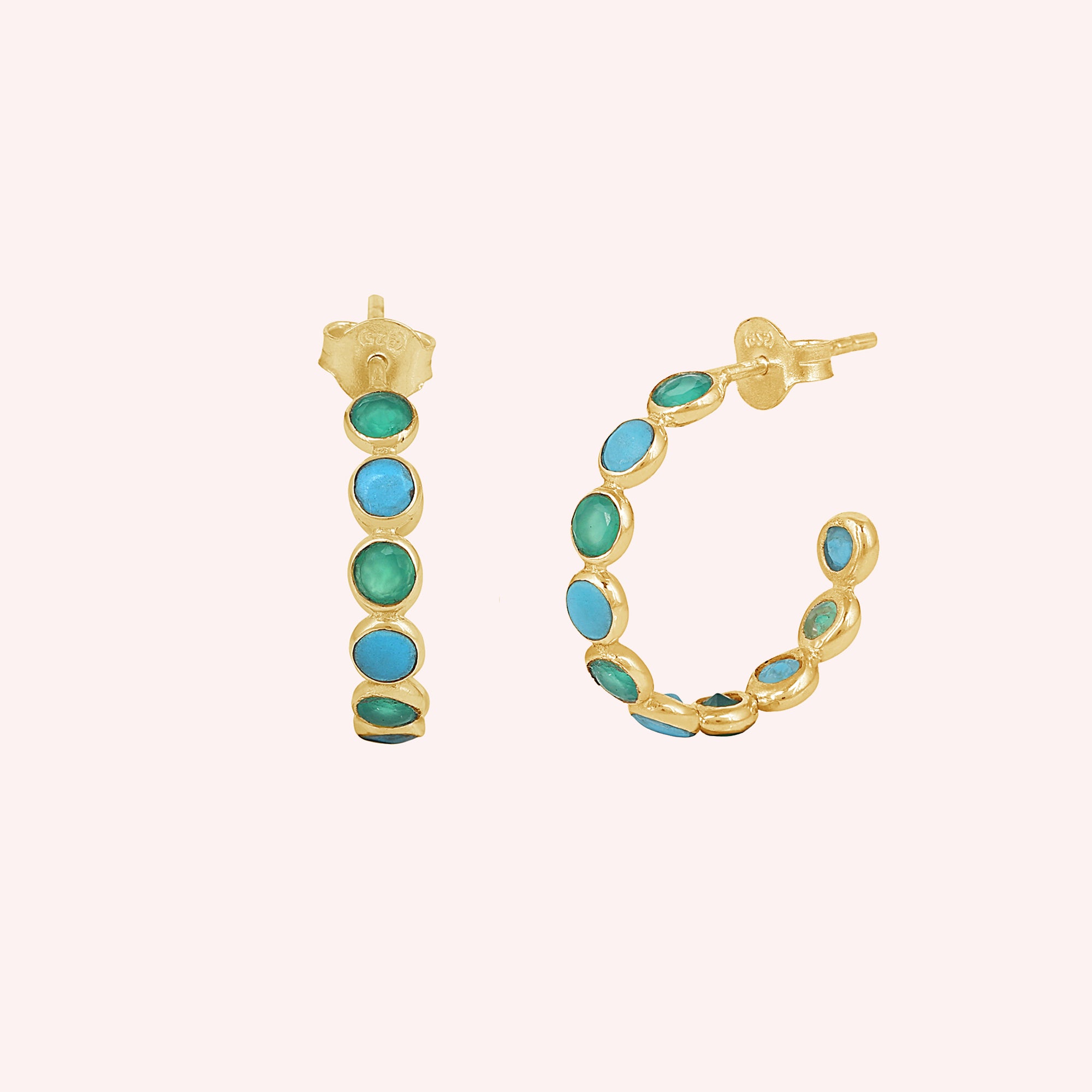 Turquoise and Green Onyx Huggies Hoop Earrings