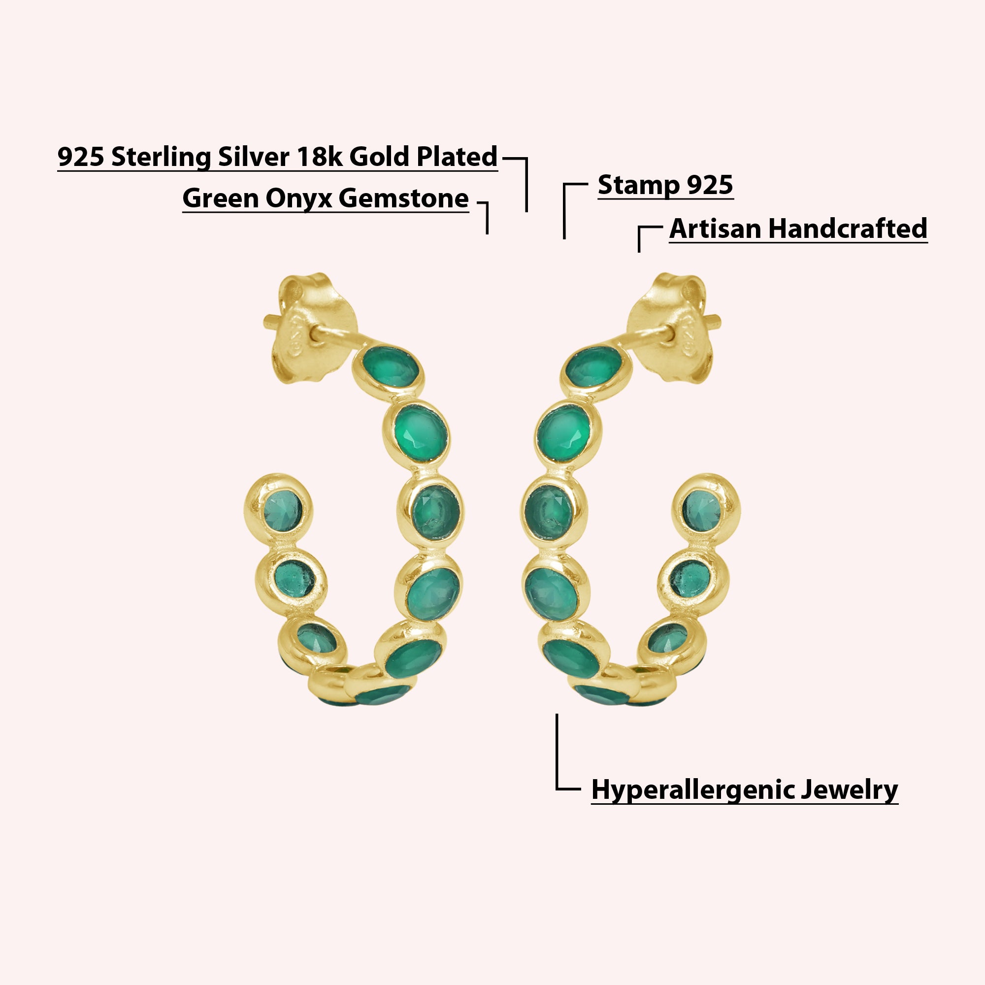 Sterling Silver Full Eternity Hoop Earrings with Green Onyx