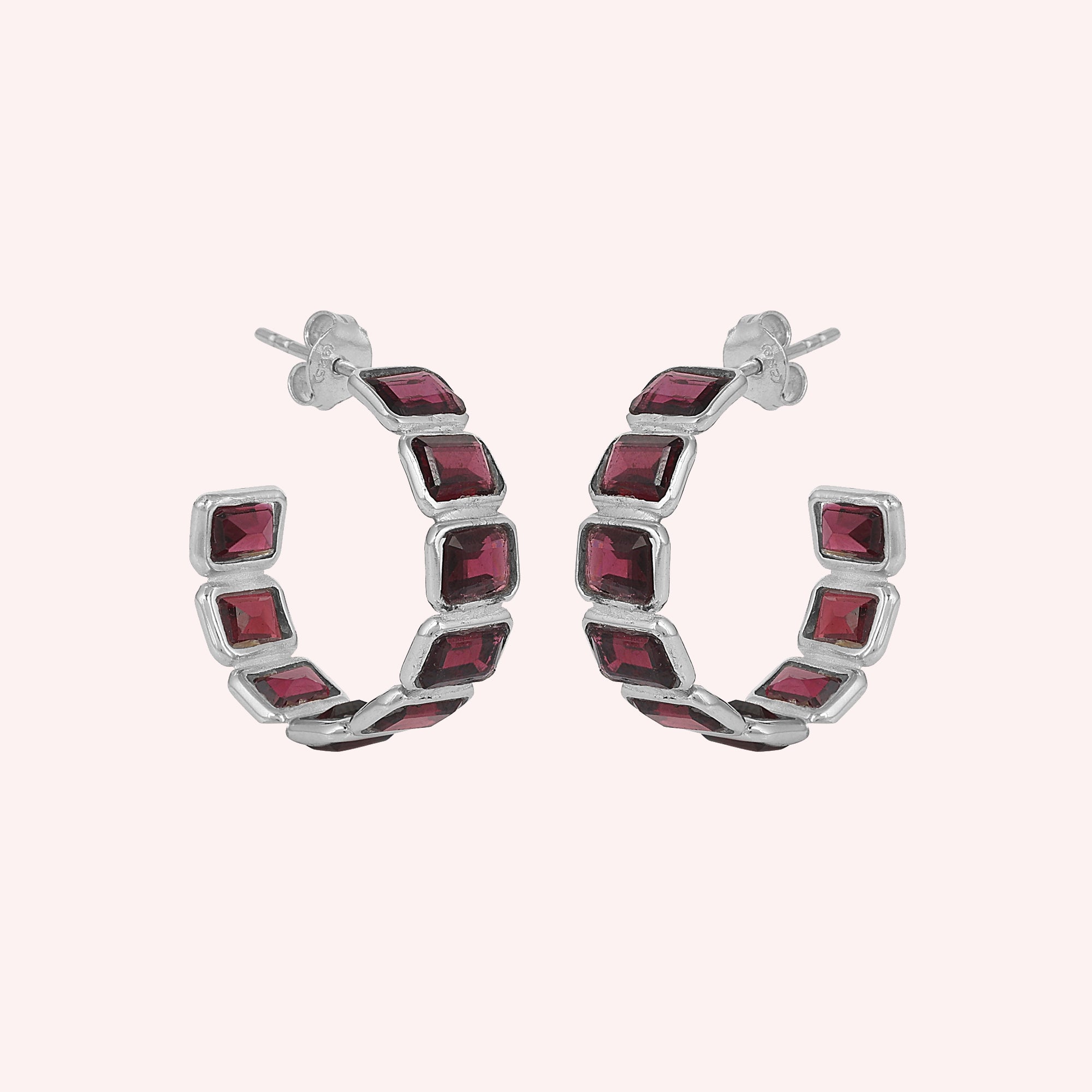 Natural Garnet Huggies Hoops Earring-Sterling Silver