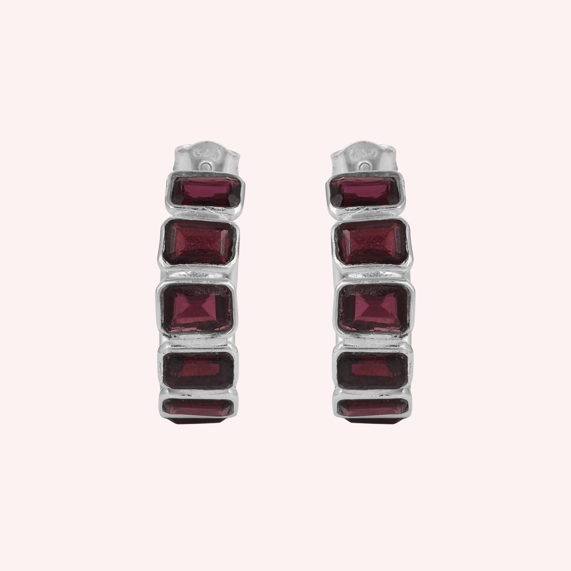 Natural Garnet Huggies Hoops Earring-Sterling Silver