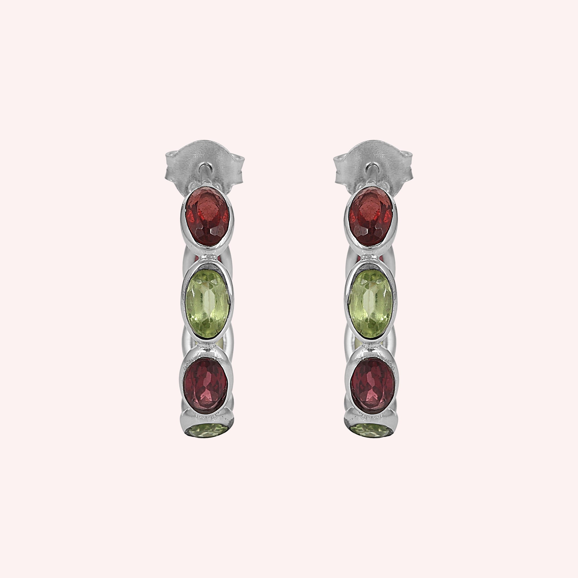 925 Sterling Silver Peridot and Garnet Huggies Earring