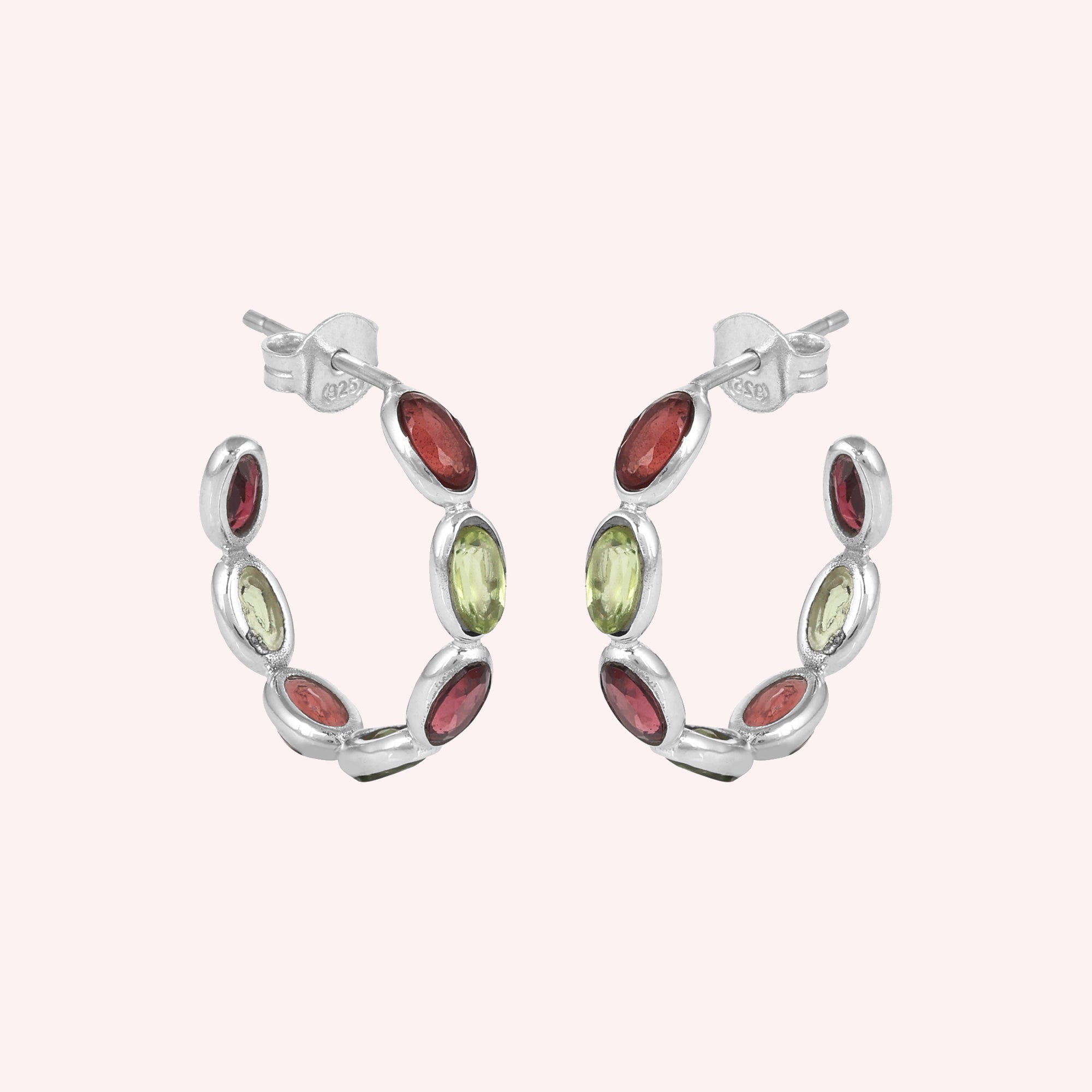 925 Sterling Silver Peridot and Garnet Huggies Earring