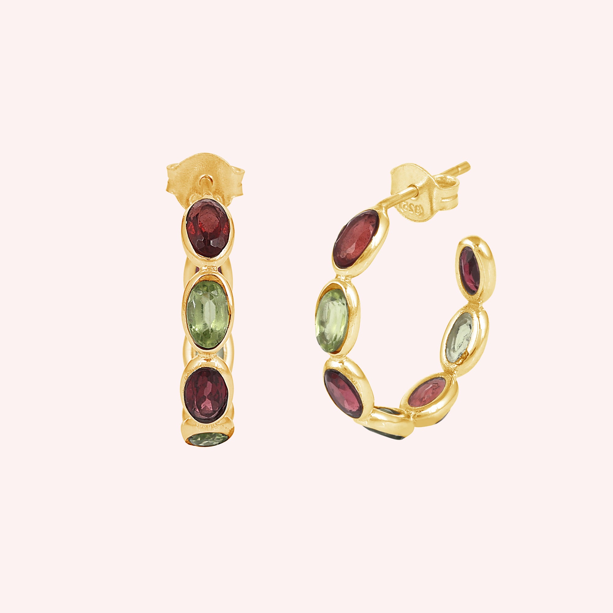 925 Sterling Silver Peridot and Garnet Huggies Earring