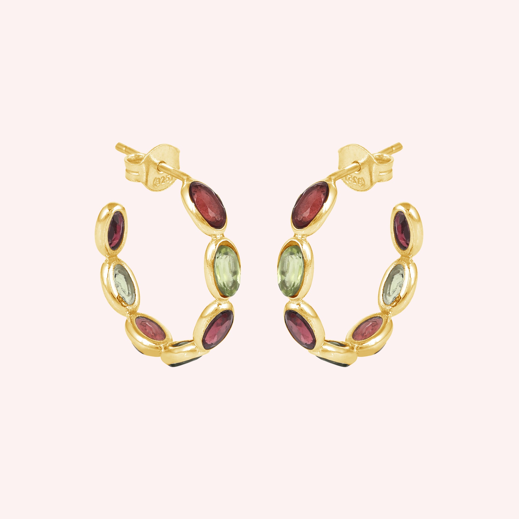 925 Sterling Silver Peridot and Garnet Huggies Earring