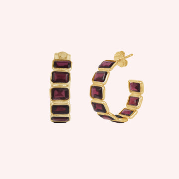 Natural Garnet Huggies Hoops Earring-Sterling Silver