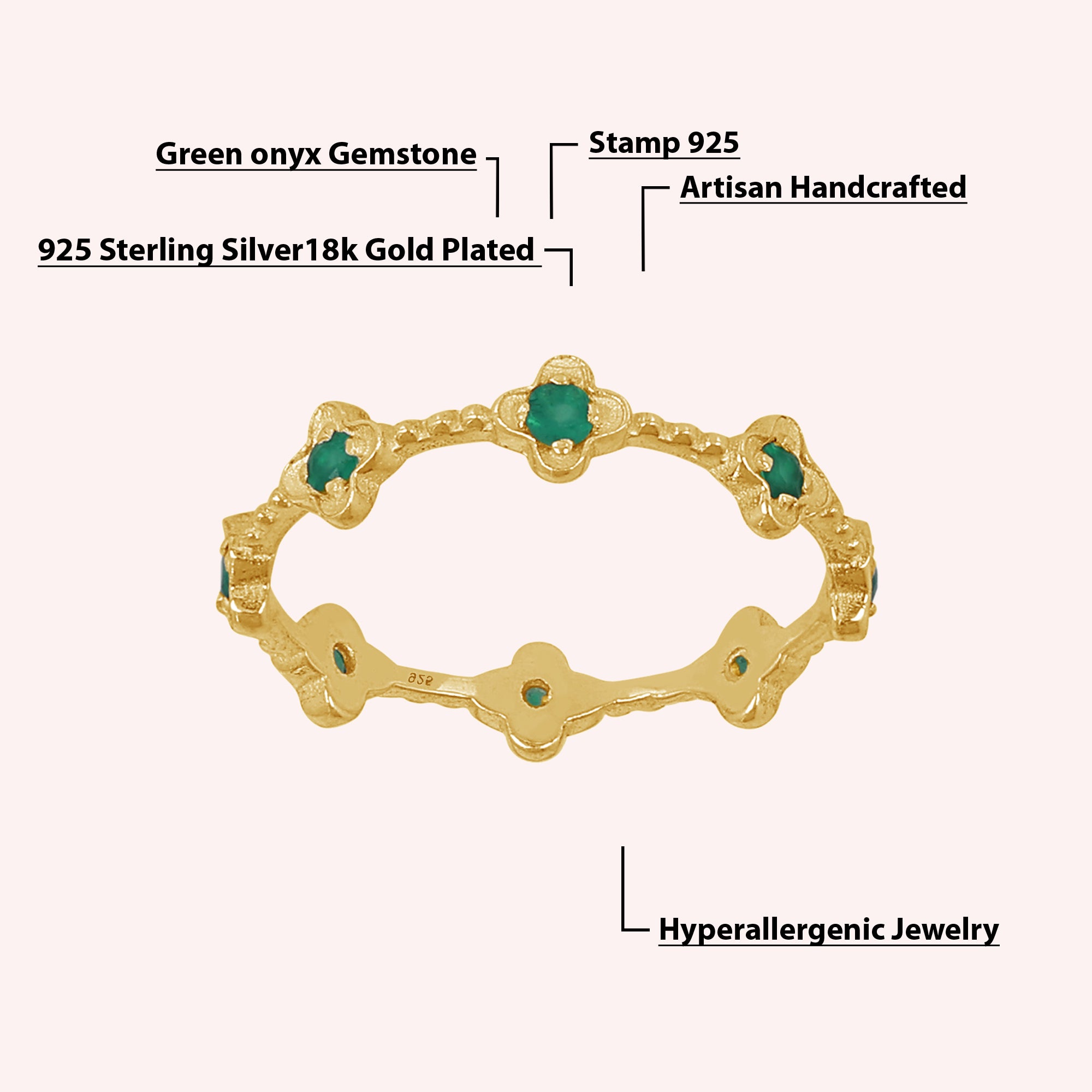 Dainty Green Onyx Flower Eternity Ring Jewelry for Women