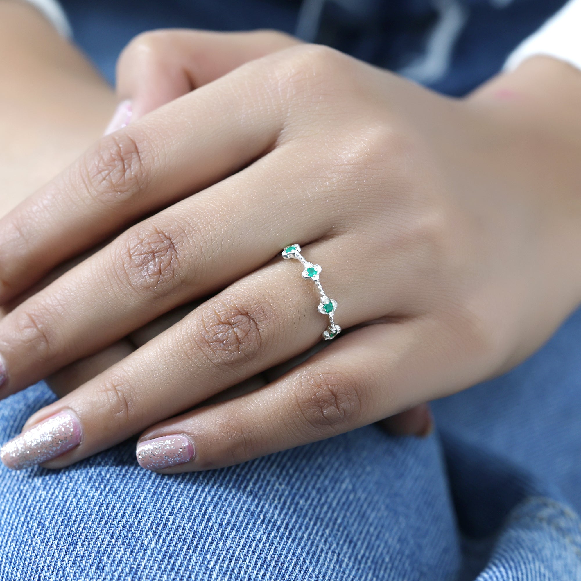 Dainty Green Onyx Flower Eternity Ring Jewelry for Women