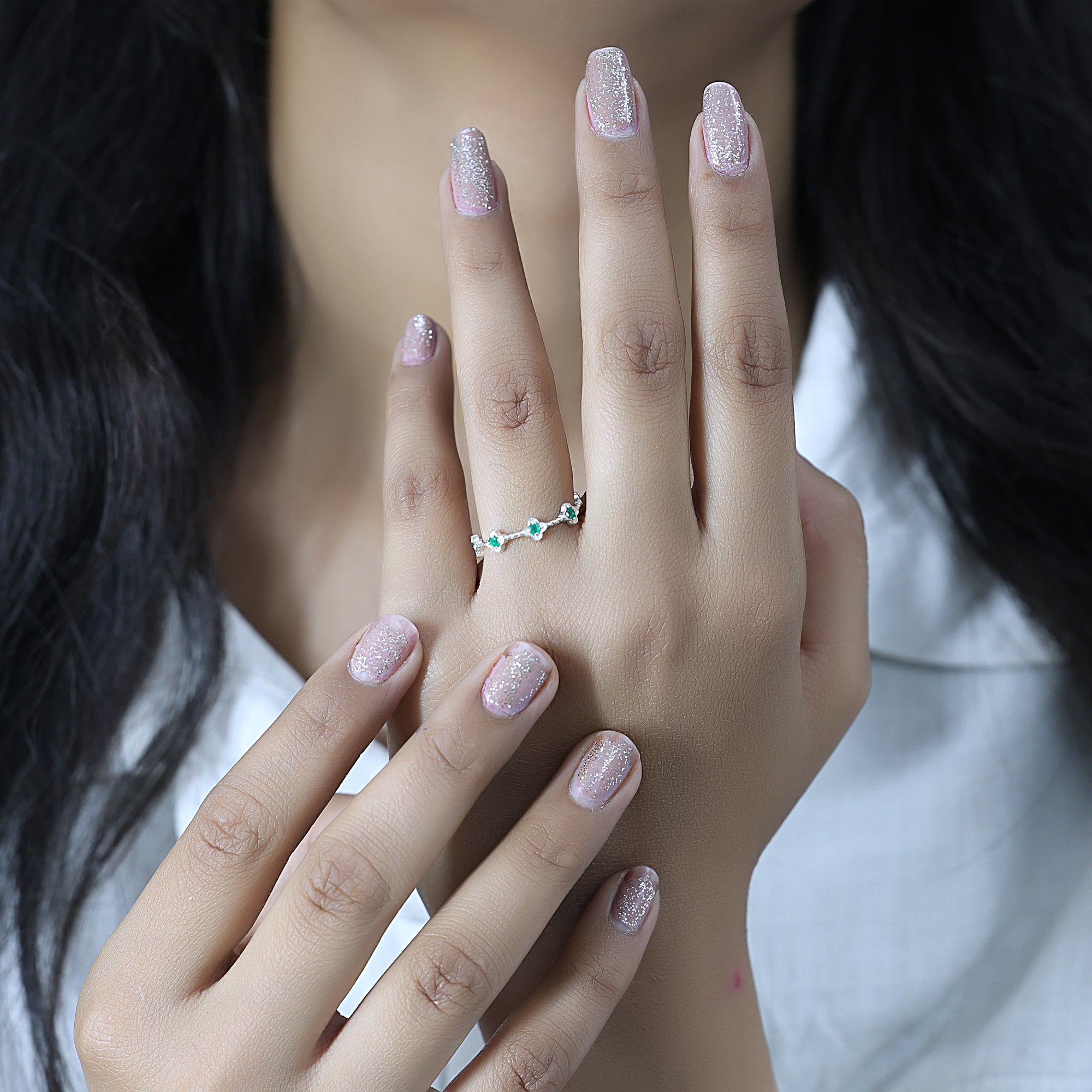 Dainty Green Onyx Flower Eternity Ring Jewelry for Women