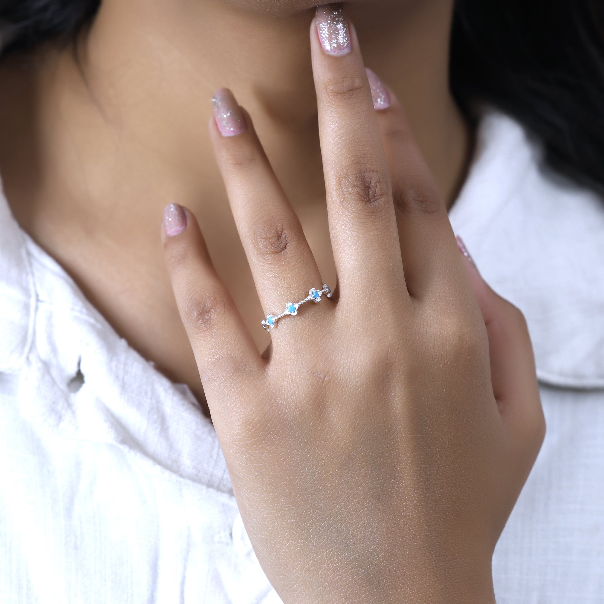 Dainty Turquoise Flower Eternity Ring Jewelry for Women