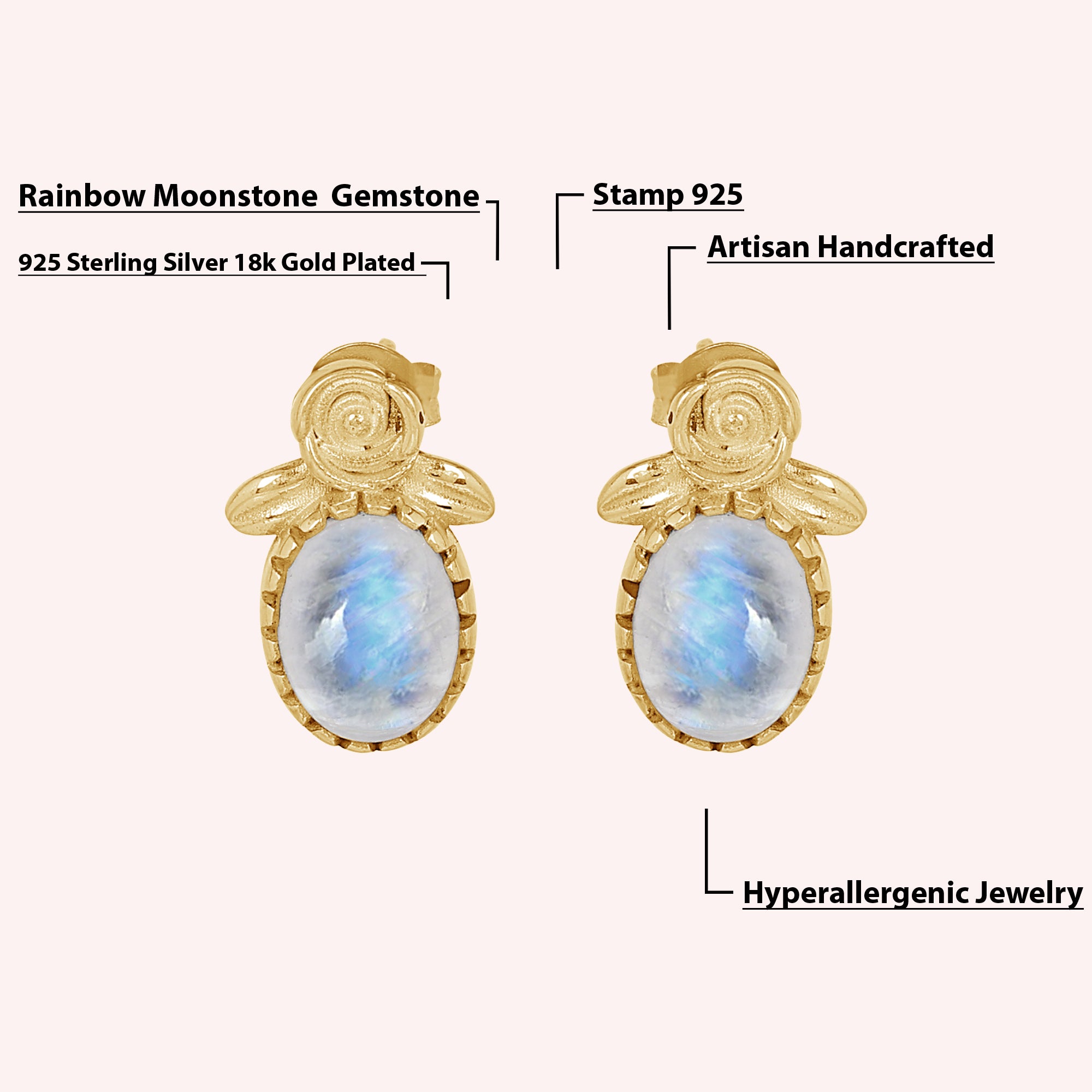 Rainbow Moonstone Rose Flower Stud Earrings Jewelry for Her