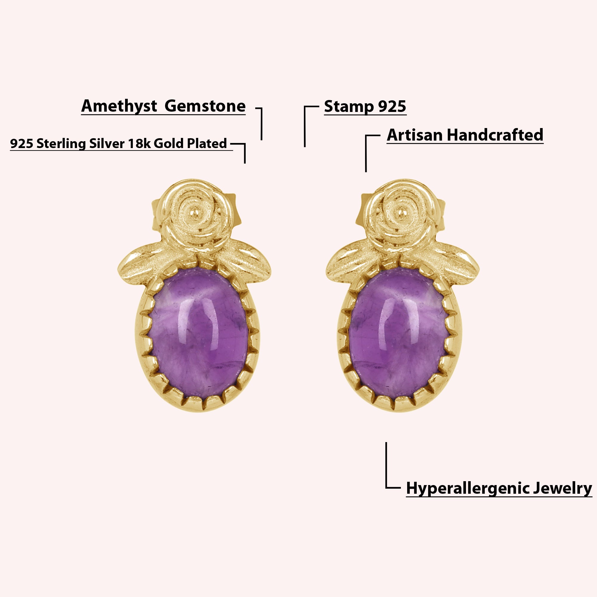 925 Sterling Silver Amethyst Rose Flower Stud Earrings for Women
