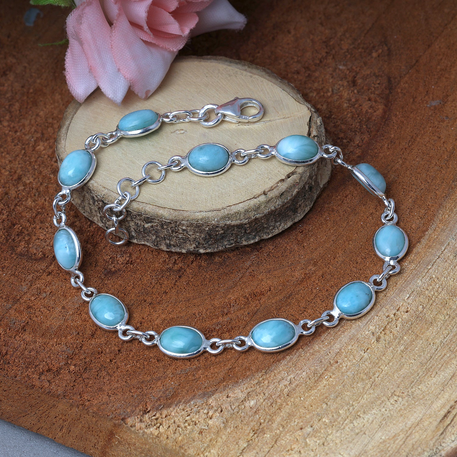 925 Sterling Silver Blue Ocean Larimar Bracelet Jewelry for Women